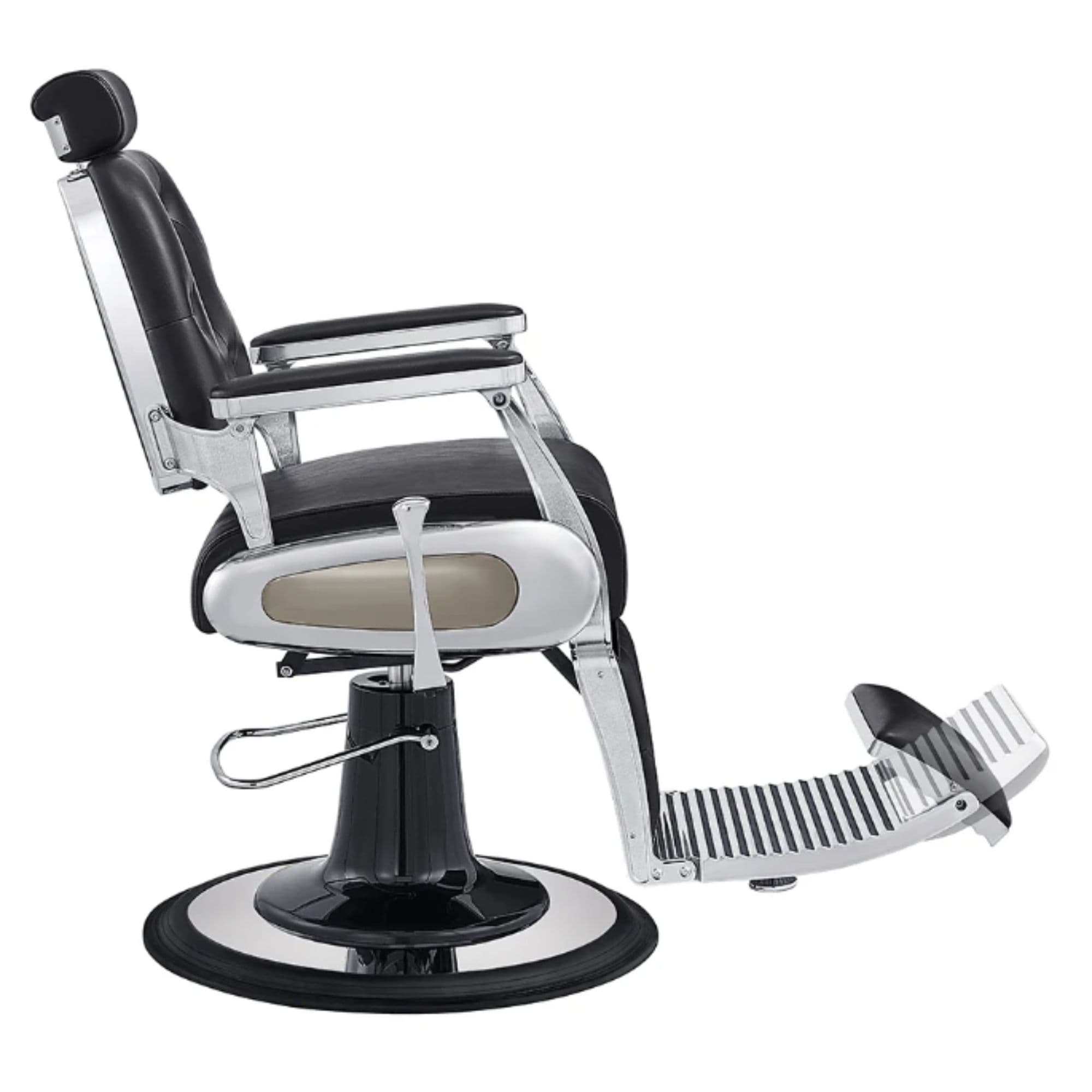 DIR Titan Hydraulic Barber Chair Black Variant Side View Demonstrating The Swing Range Of Foot Rest Extension On White Background