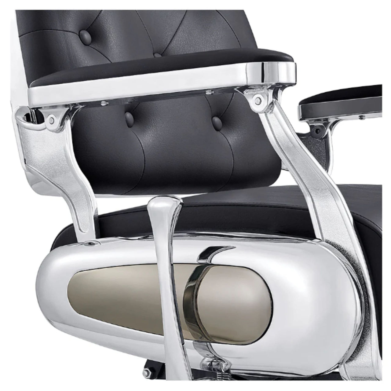 DIR Titan Hydraulic Barber Chair Close-Up View Of Decorative Metallic Gold Armrest Support And Black Upholstered Seat