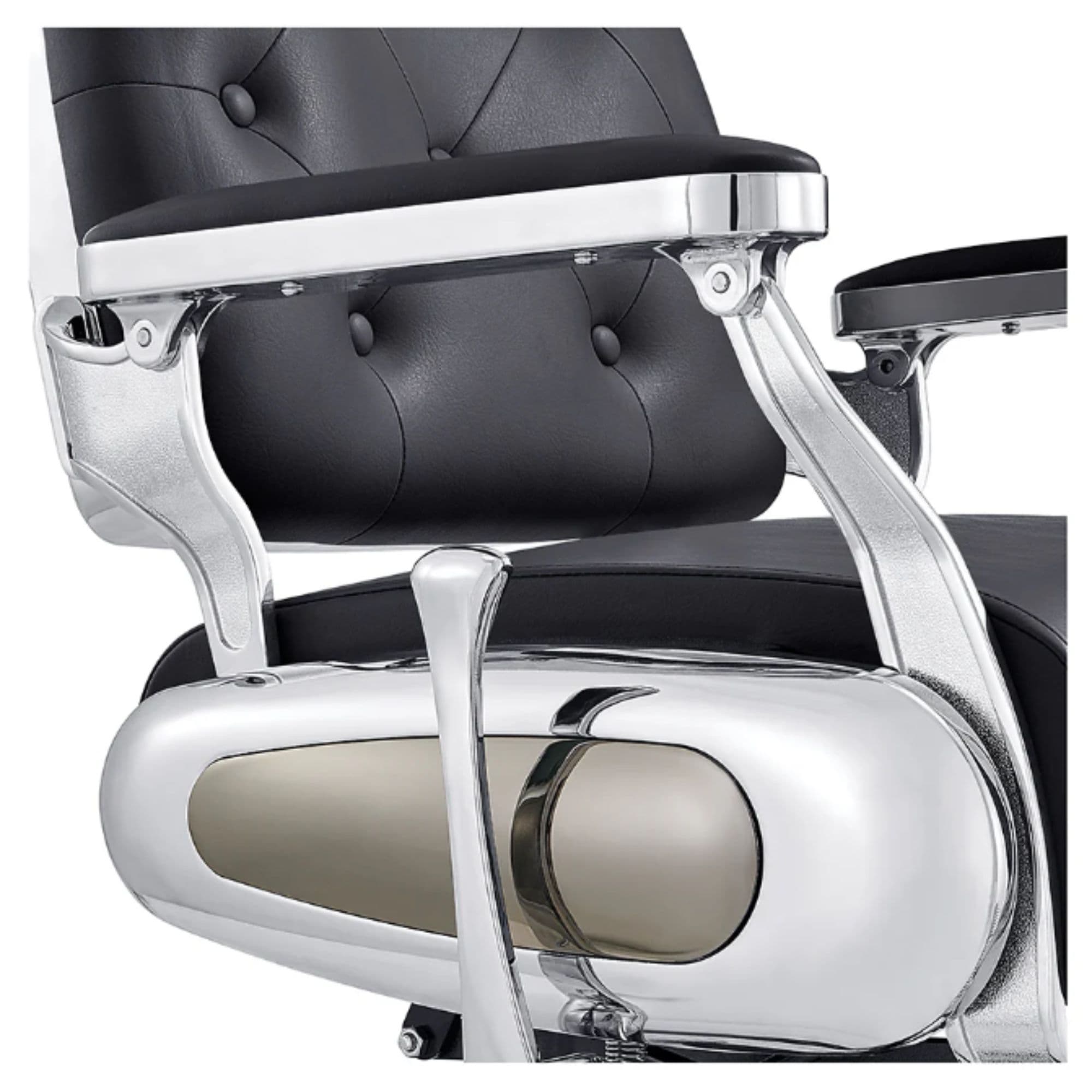 DIR Titan Hydraulic Barber Chair Close-Up View Of Decorative Metallic Gold Armrest Support And Black Upholstered Seat