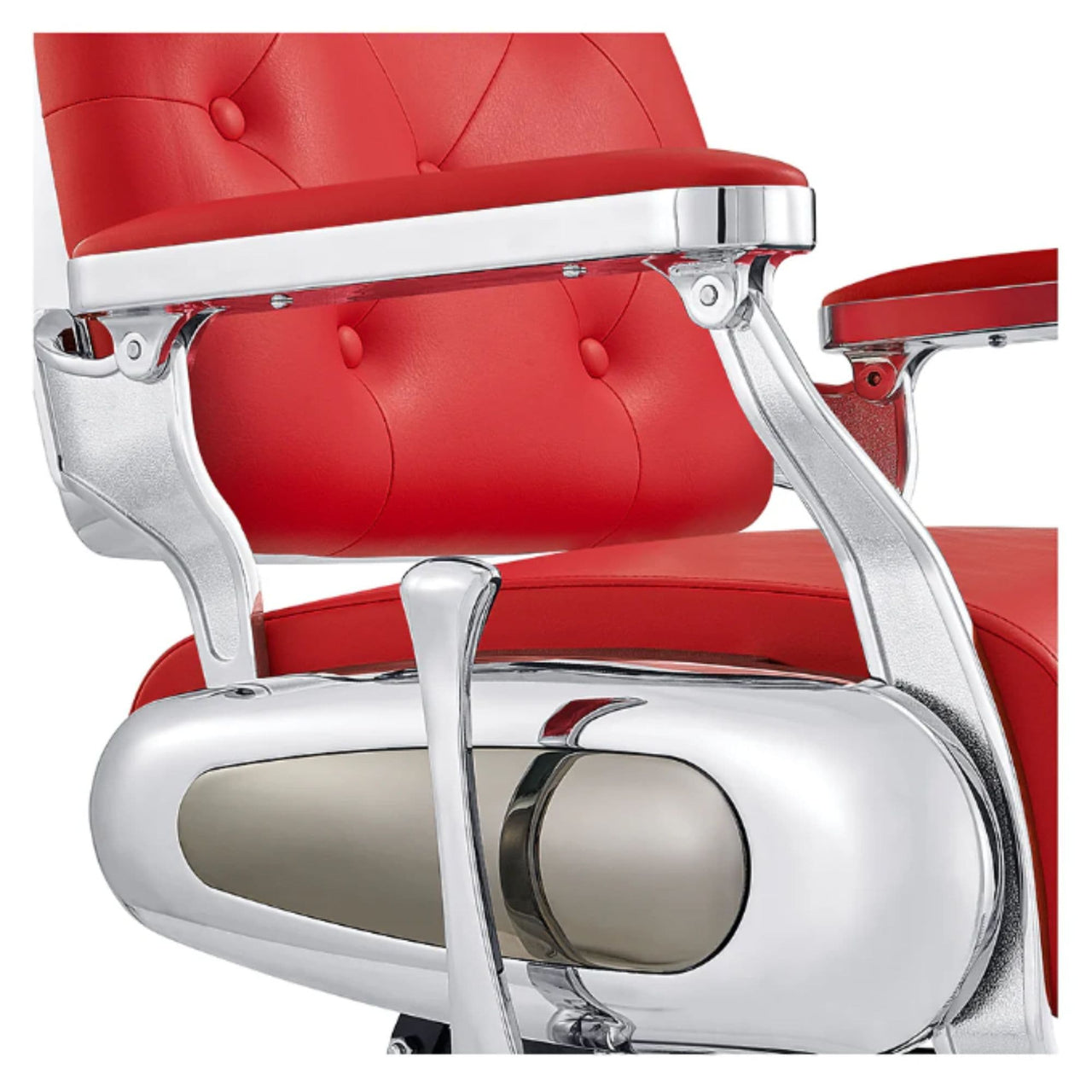 DIR Titan Hydraulic Barber Chair Close-Up View Of Decorative Metallic Gold Armrest Support And Red Upholstered Seat