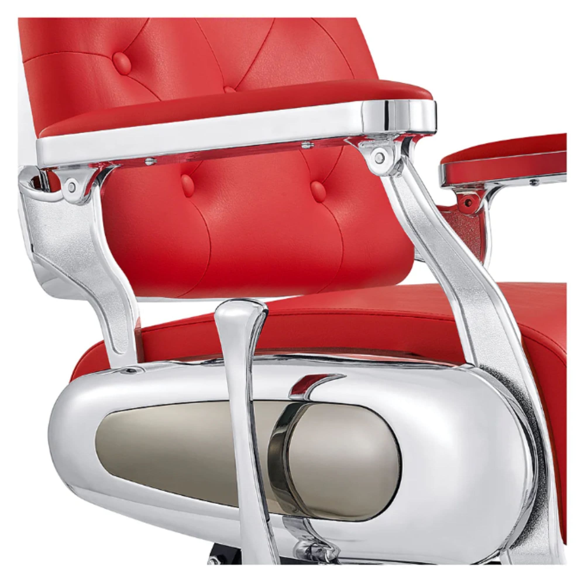 DIR Titan Hydraulic Barber Chair Close-Up View Of Decorative Metallic Gold Armrest Support And Red Upholstered Seat