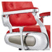 DIR Titan Hydraulic Barber Chair Close-Up View Of Decorative Metallic Gold Armrest Support And Red Upholstered Seat