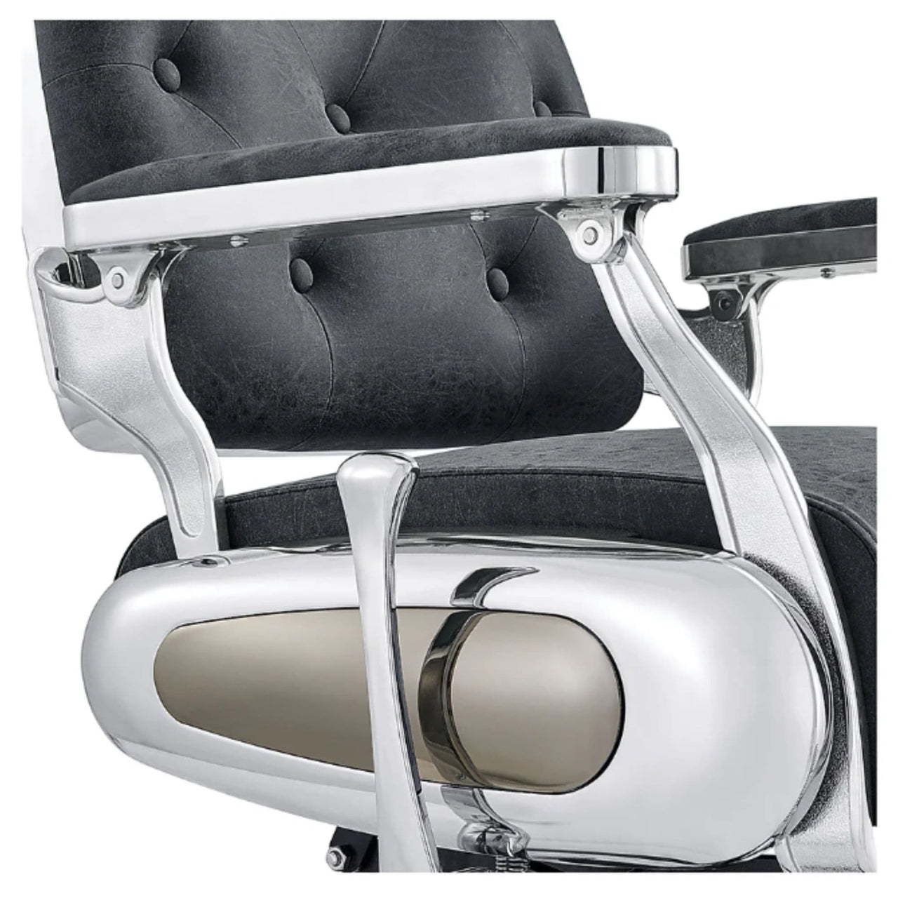 DIR Titan Hydraulic Barber Chair Close-Up View Of Decorative Metallic Gold Armrest Support And Vintage Black Upholstered Seat