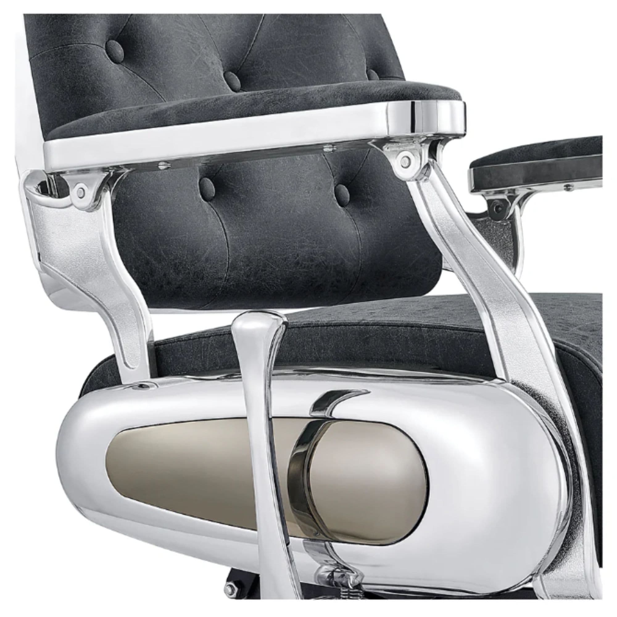 DIR Titan Hydraulic Barber Chair Close-Up View Of Decorative Metallic Gold Armrest Support And Vintage Black Upholstered Seat