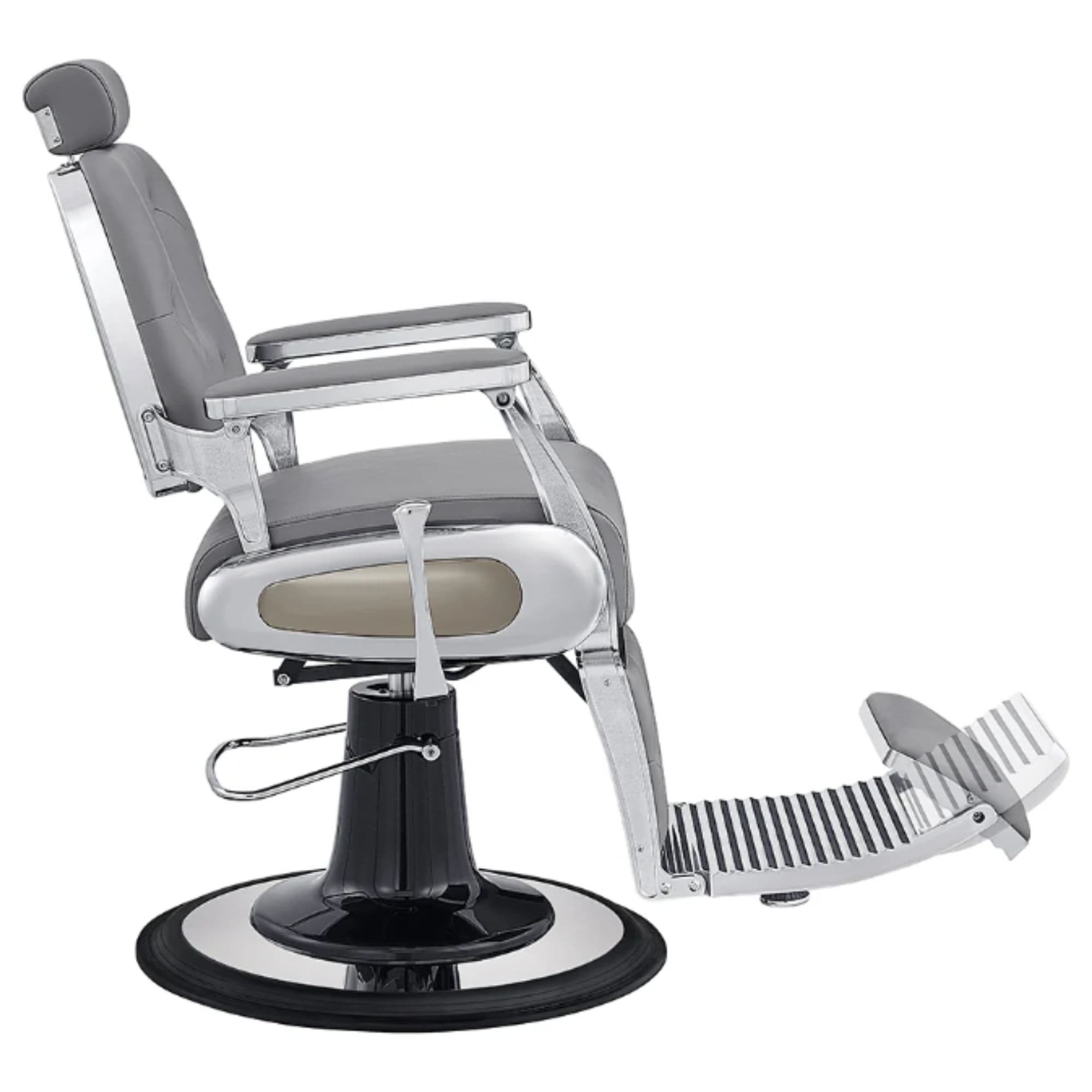 DIR Titan Hydraulic Barber Chair Gray Variant Side View Demonstrating The Swing Range Of Foot Rest Extension On White Background