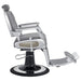 DIR Titan Hydraulic Barber Chair Gray Variant Side View Demonstrating The Swing Range Of Foot Rest Extension On White Background
