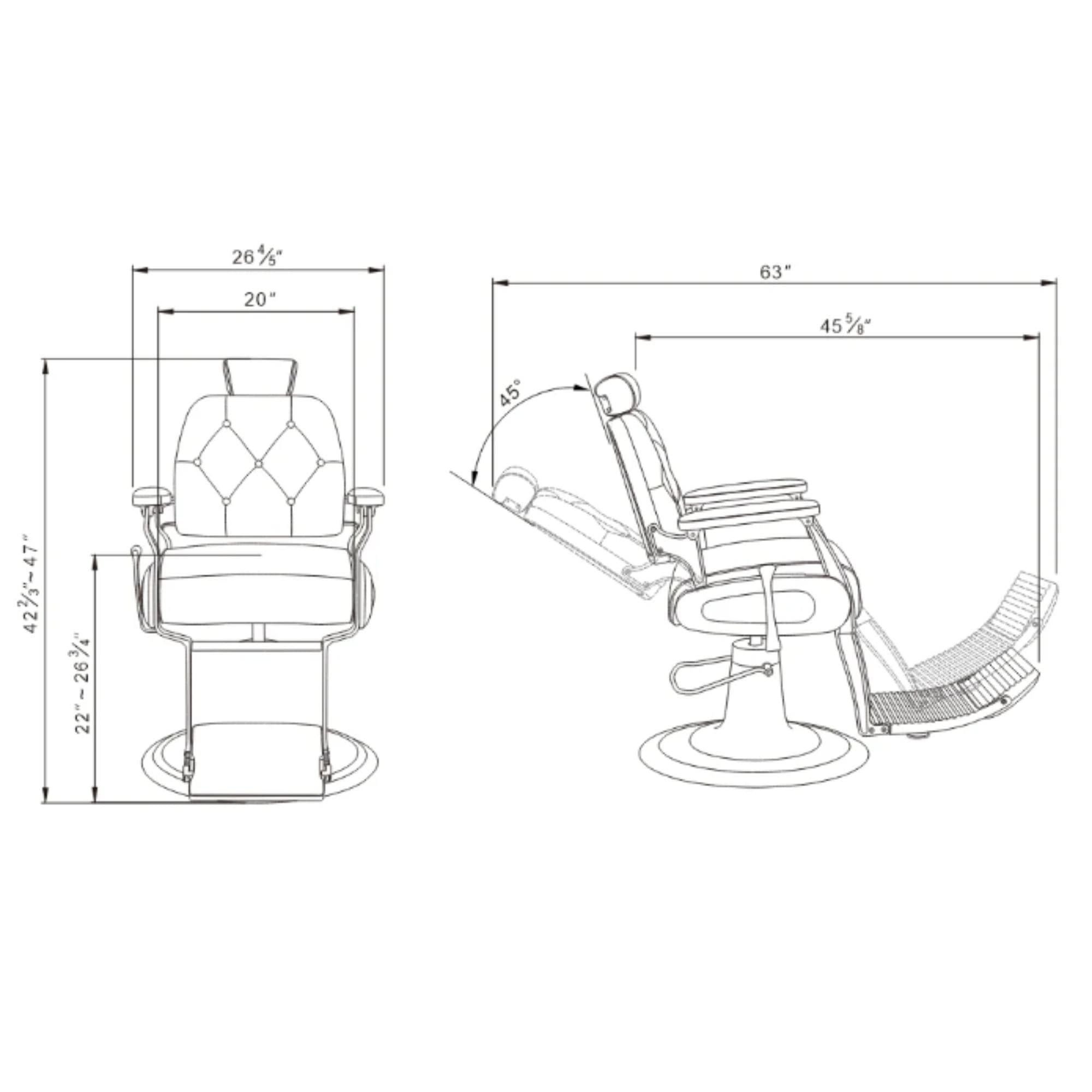 DIR Titan Hydraulic Barber Chair Product Dimension Diagram