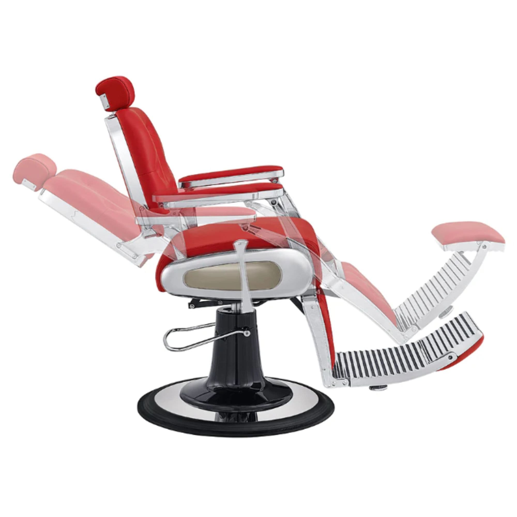 DIR Titan Hydraulic Barber Chair Red Variant Side View Demonstrating Swing Adjustment On White Background