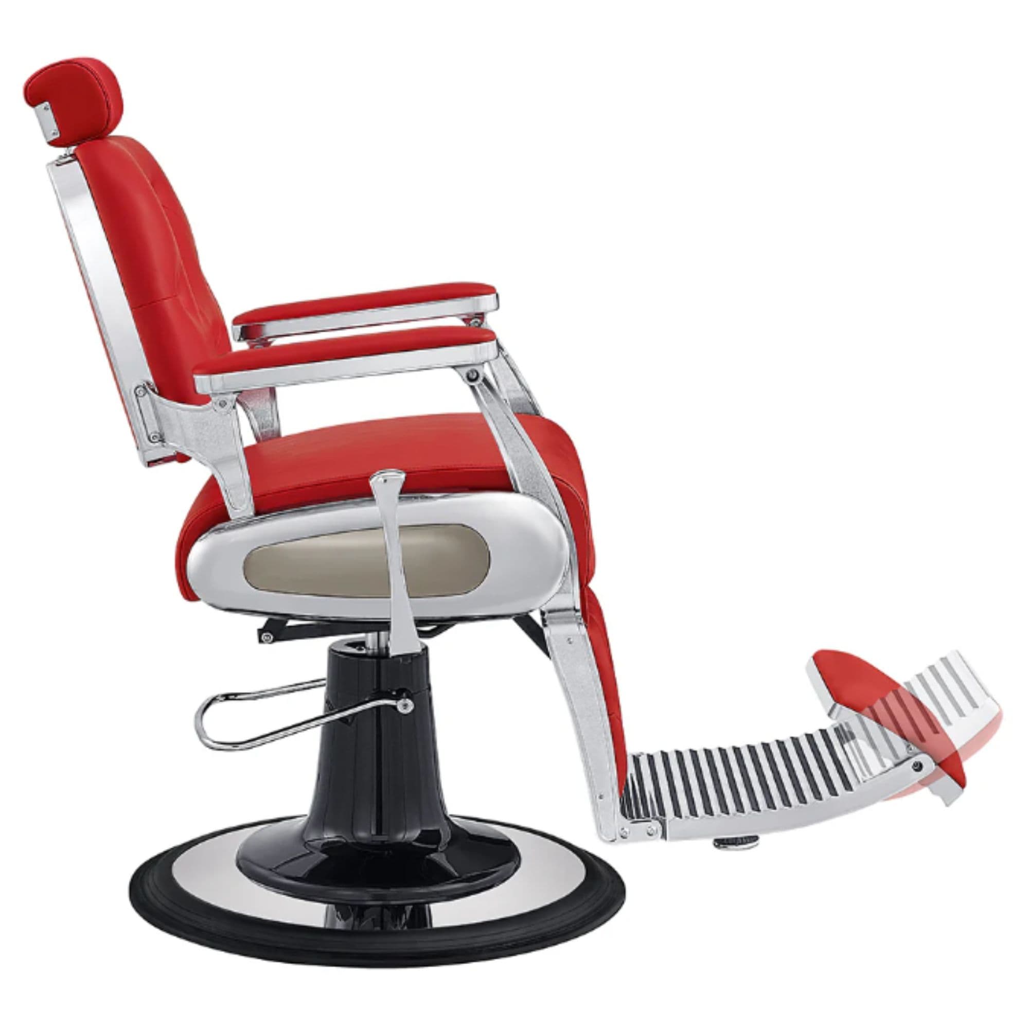 DIR Titan Hydraulic Barber Chair Red Variant Side View Demonstrating The Swing Range Of Foot Rest Extension On White Background