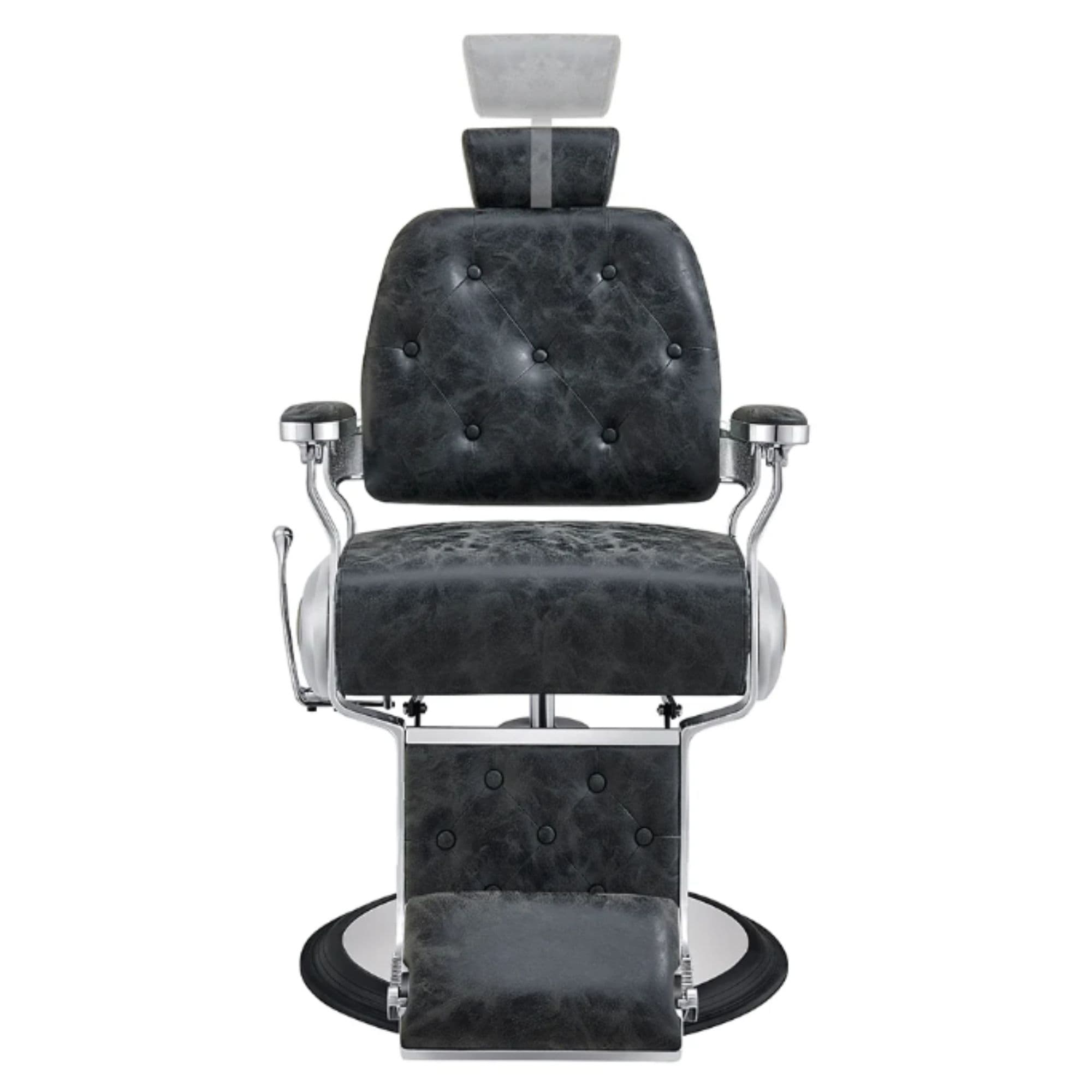 DIR Titan Hydraulic Barber Chair Vintage Black Variant Front View Demonstrating Pull Out Headrest Range On White Background