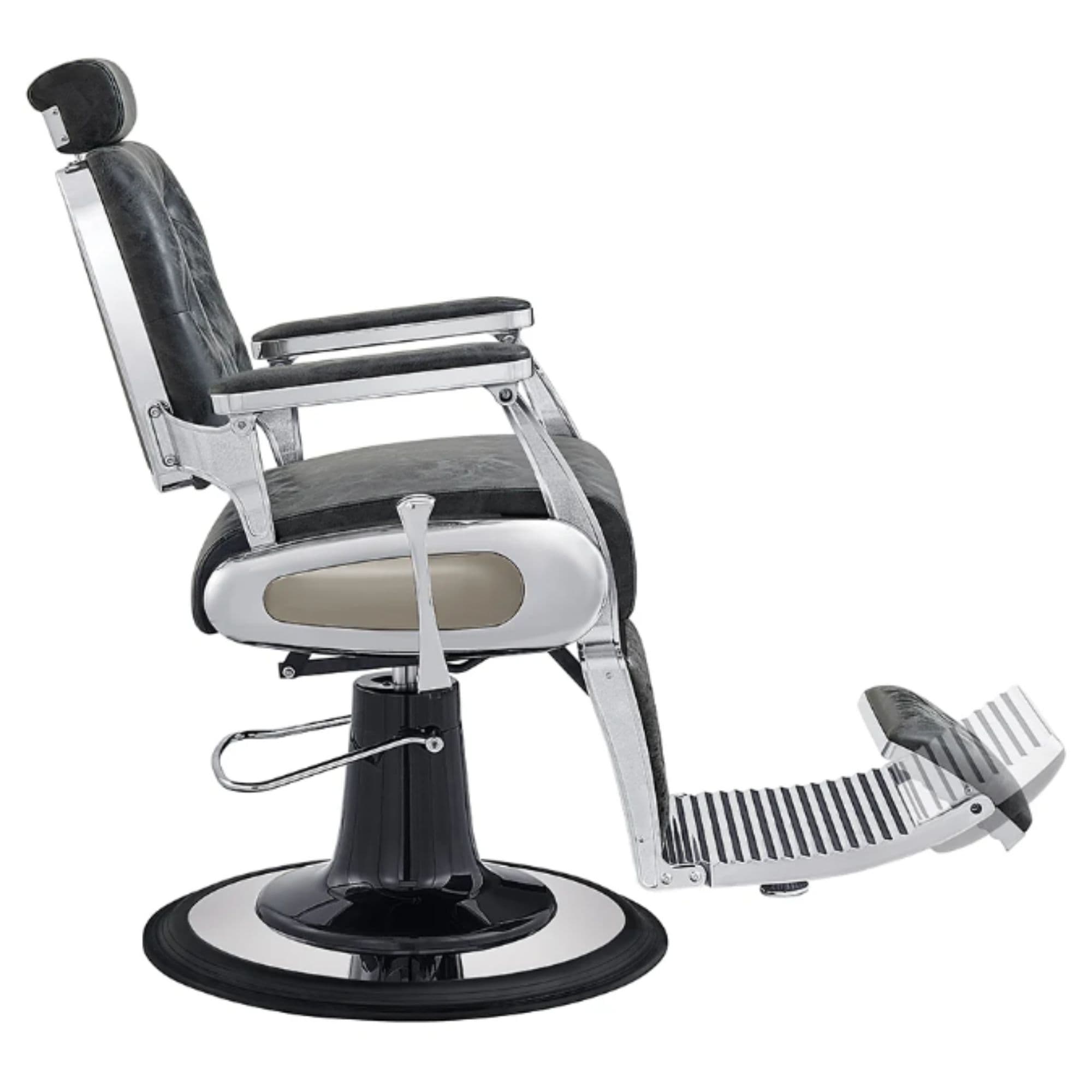 DIR Titan Hydraulic Barber Chair Vintage Black Variant Side View Demonstrating The Swing Range Of Foot Rest Extension On White Background