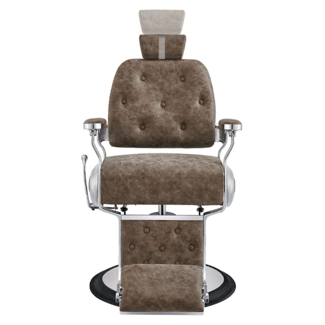 DIR Titan Hydraulic Barber Chair Vintage Brown Variant Front View Demonstrating Pull Out Headrest Range On White Background