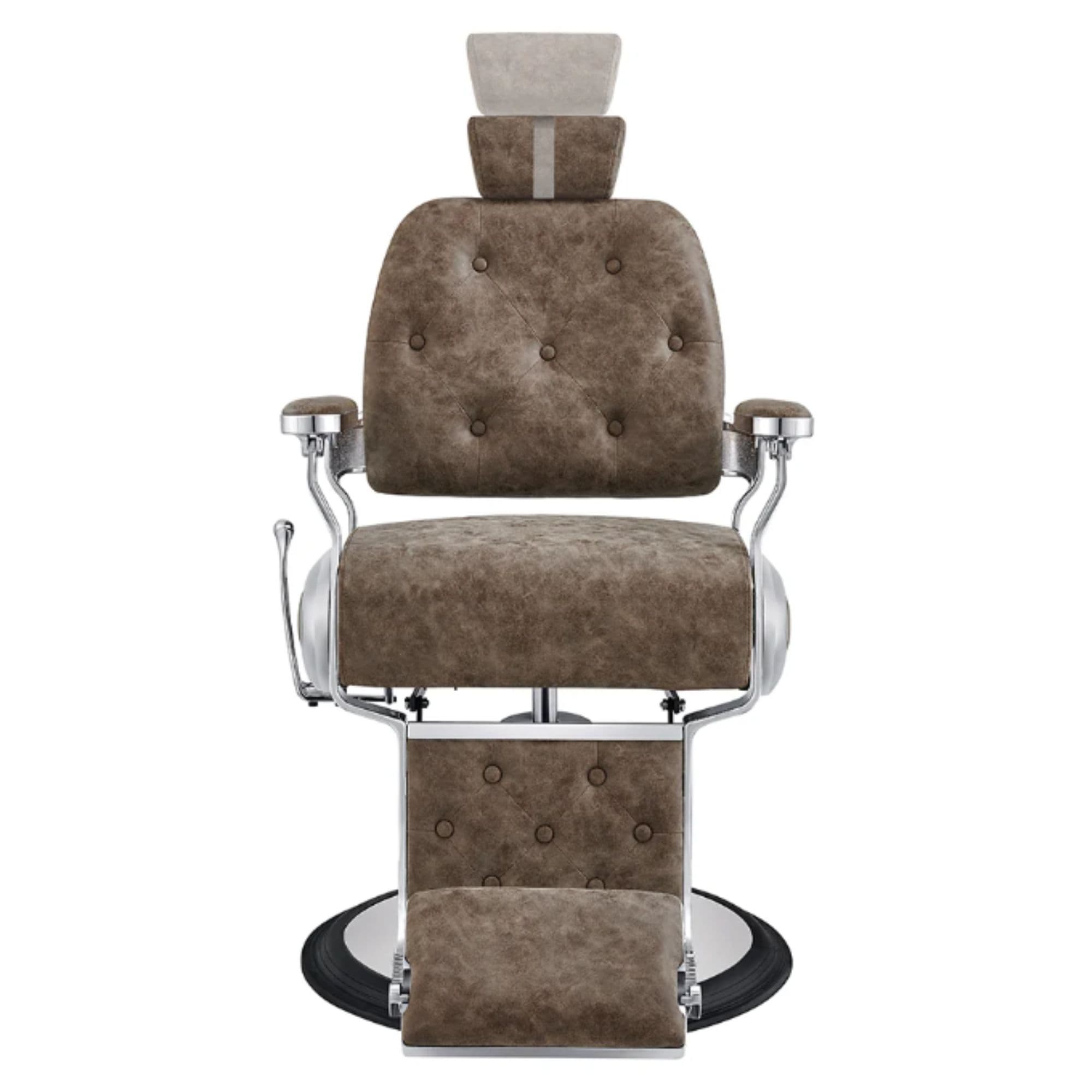 DIR Titan Hydraulic Barber Chair Vintage Brown Variant Front View Demonstrating Pull Out Headrest Range On White Background
