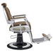 DIR Titan Hydraulic Barber Chair Vintage Brown Variant Side View Demonstrating The Swing Range Of Foot Rest Extension On White Background