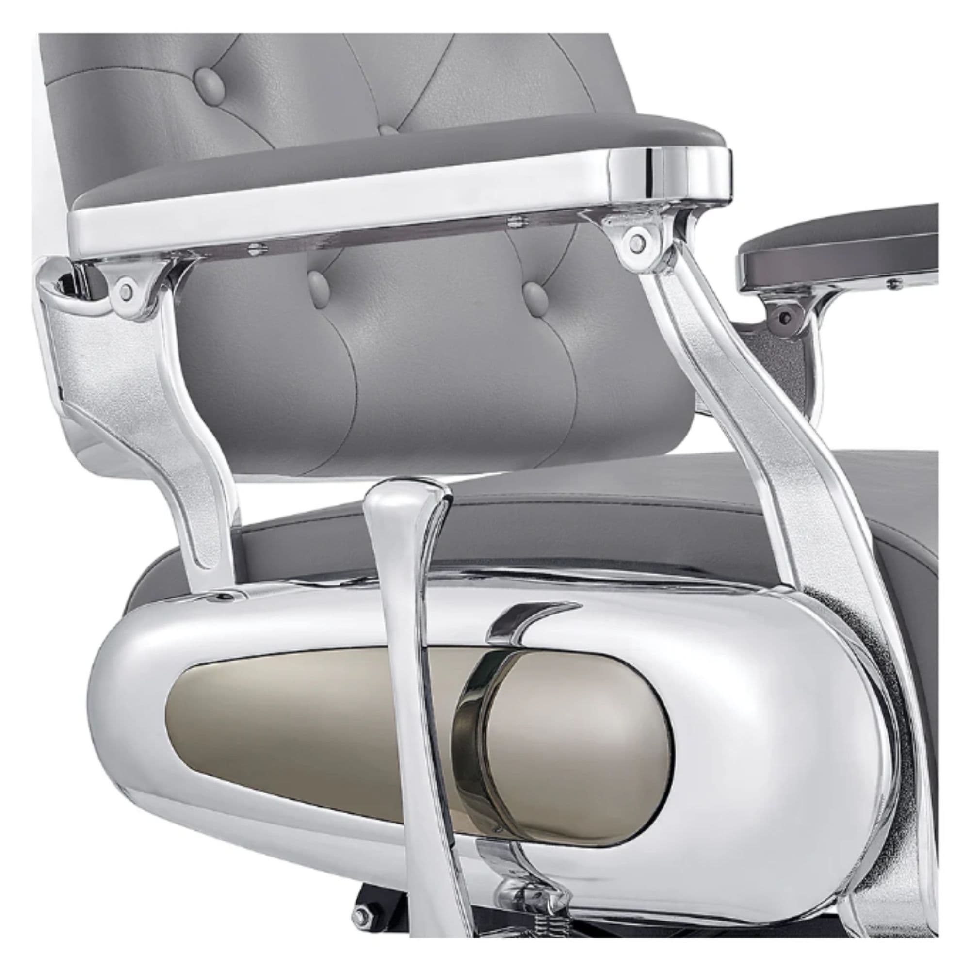 DIR Titan Hydraulic Professional Barber Chair Close-Up View Of Decorative Metallic Gold Armrest Support And Gray Upholstered Seat