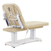 DIR Tranquility 4-Motor Medical Spa Bed Rear View Of Beige Variant And Fully Reclined On Head Section With Remote Control On White Background