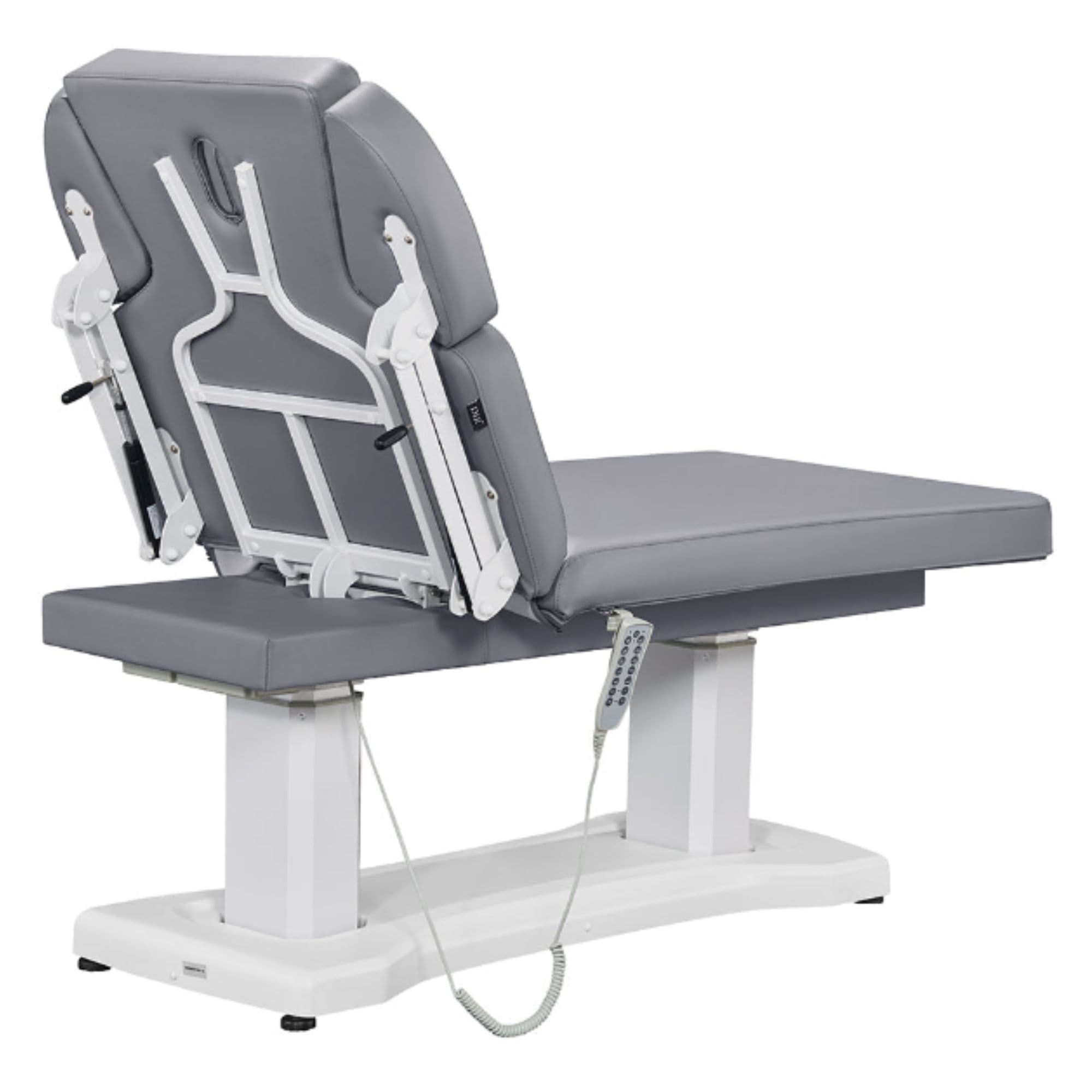 DIR Tranquility 4-Motor Medical Spa Bed Rear View Of Gray Variant And Fully Reclined On Head Section With Remote Control On White Background