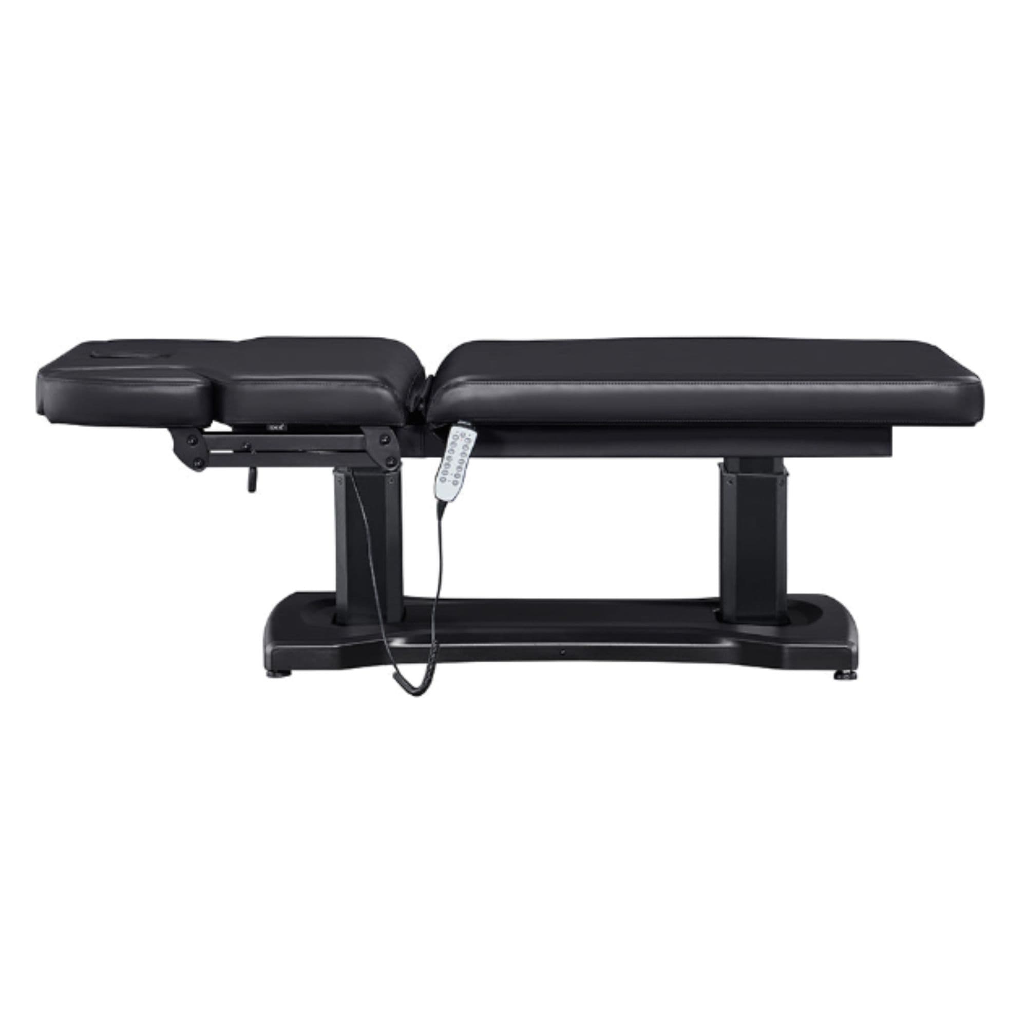 DIR Tranquility 4-Motors Electric Medical Spa Treatment Table Black Variant Side View Fully Reclined On White Background