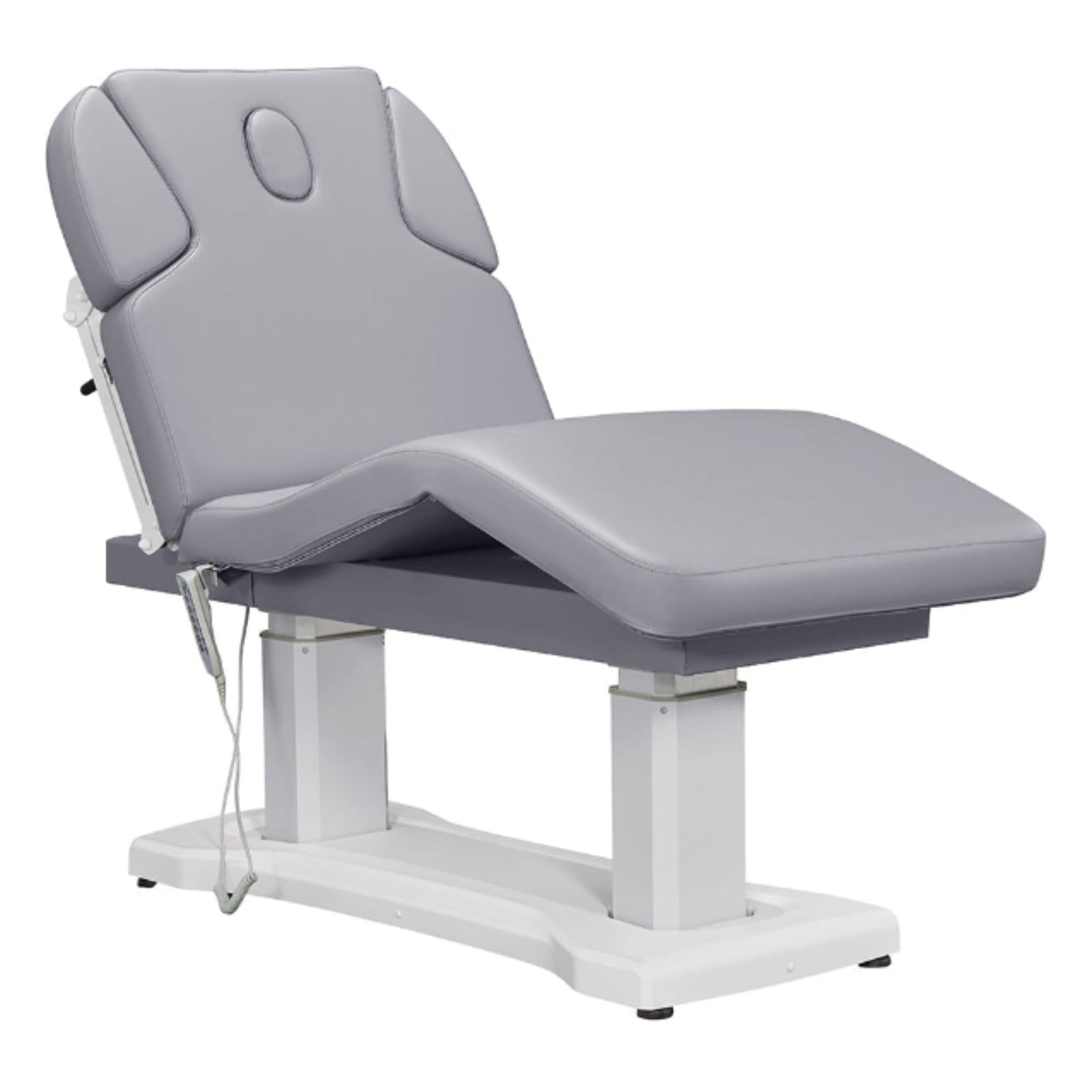 DIR Tranquility 4-Motors Electric Medical Spa Treatment Table Gray Variant With Semi-Folded Leg Section And Remote Control On White Background
