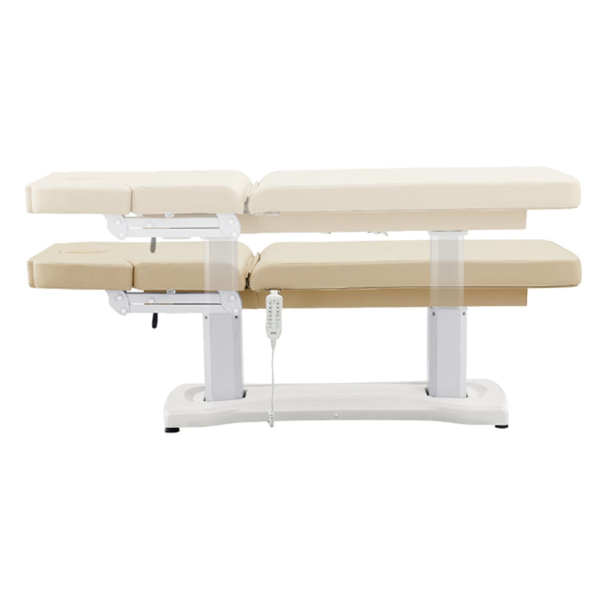 DIR Tranquility 4-Motors Electric Medical Spa Treatment Table Side View And Fully Reclined Of Beige Variant Showing An Up And Down Adjustment With Remote Control On White Background