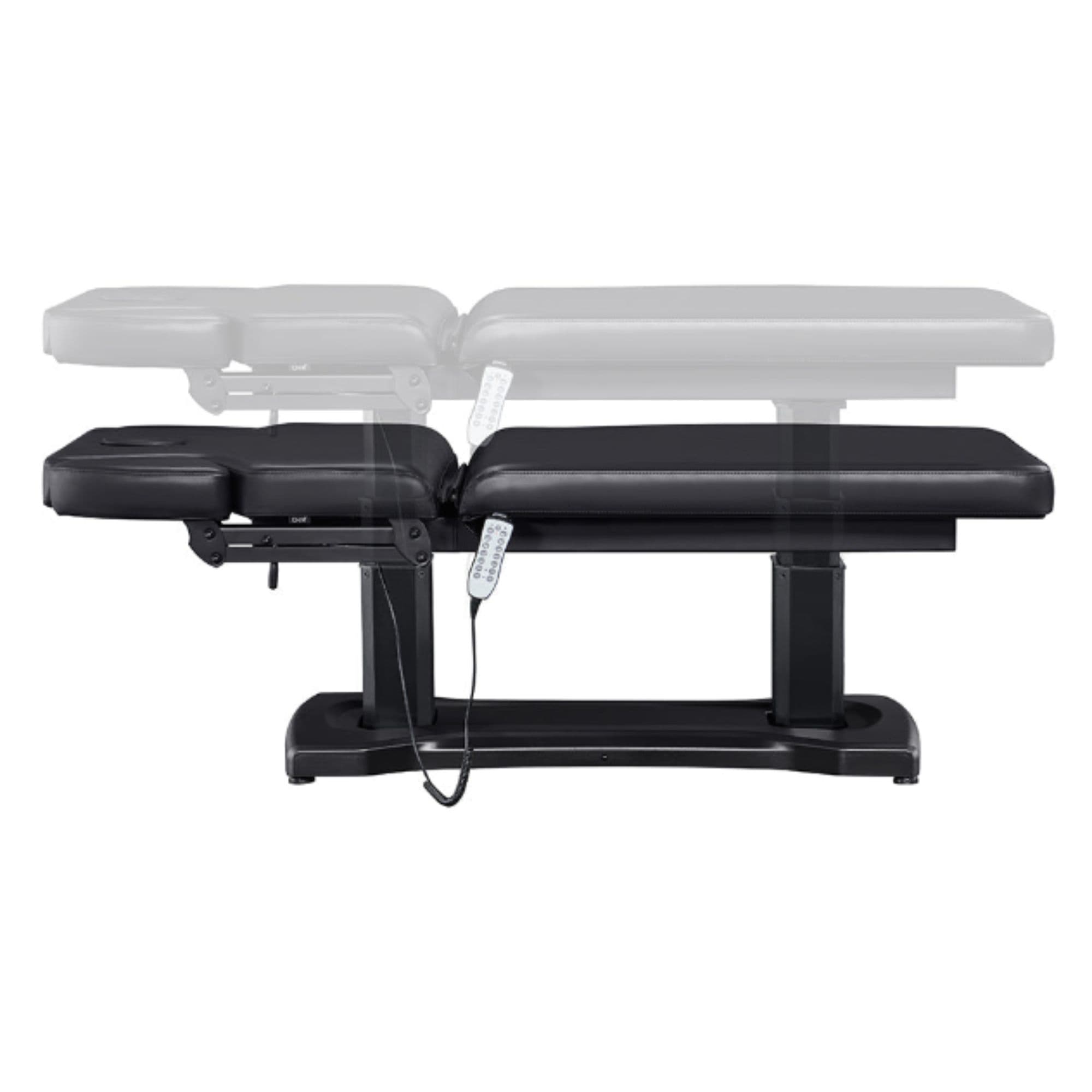 DIR Tranquility 4-Motors Electric Medical Spa Treatment Table Side View And Fully Reclined Of Black Variant Showing An Up And Down Adjustment With Remote Control On White Background