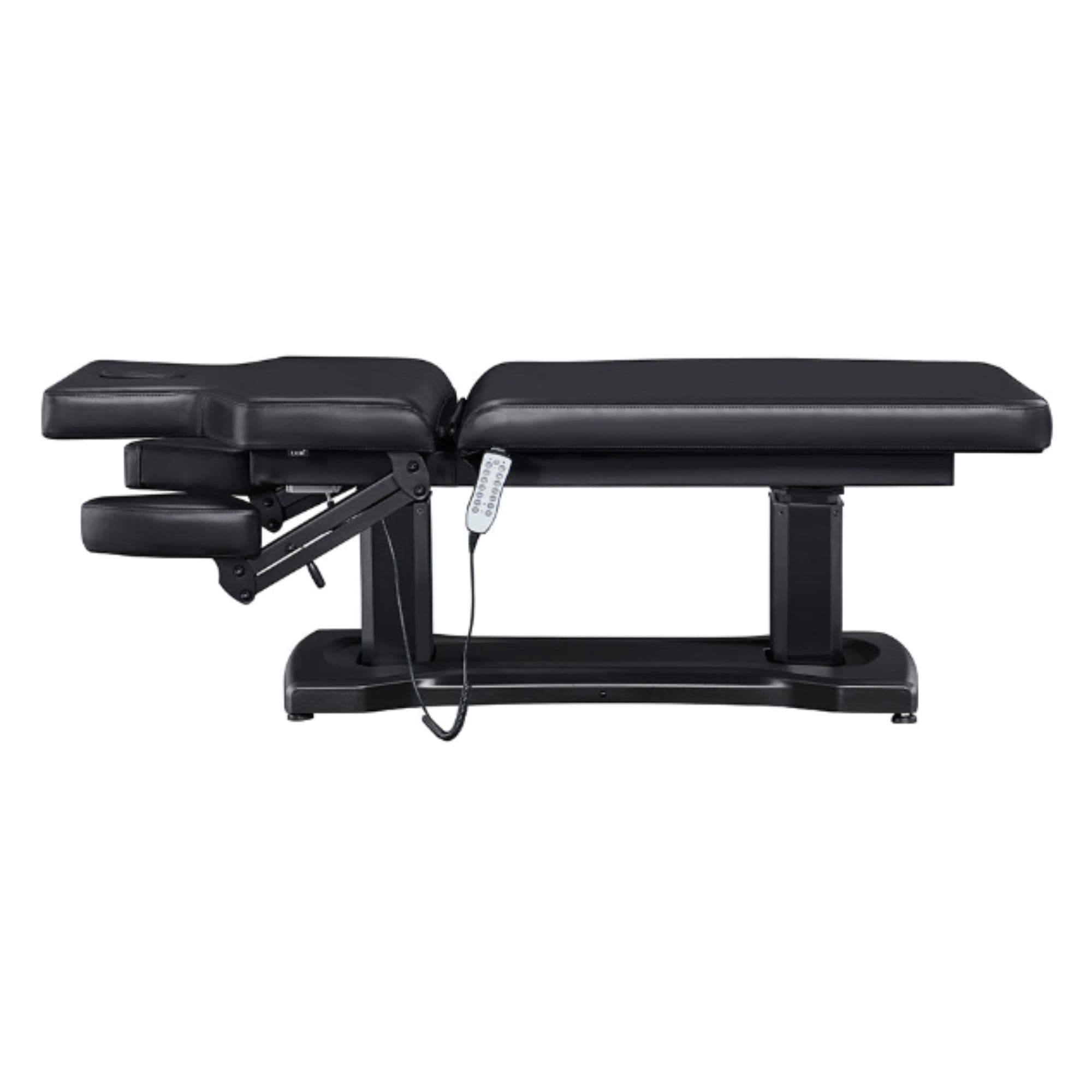 DIR Tranquility 4-Motors Electric Medical Spa Treatment Table Side View And Fully Reclined Of Black Variant With Slightly Adjusted Side Cushion And Remote Control On White Background