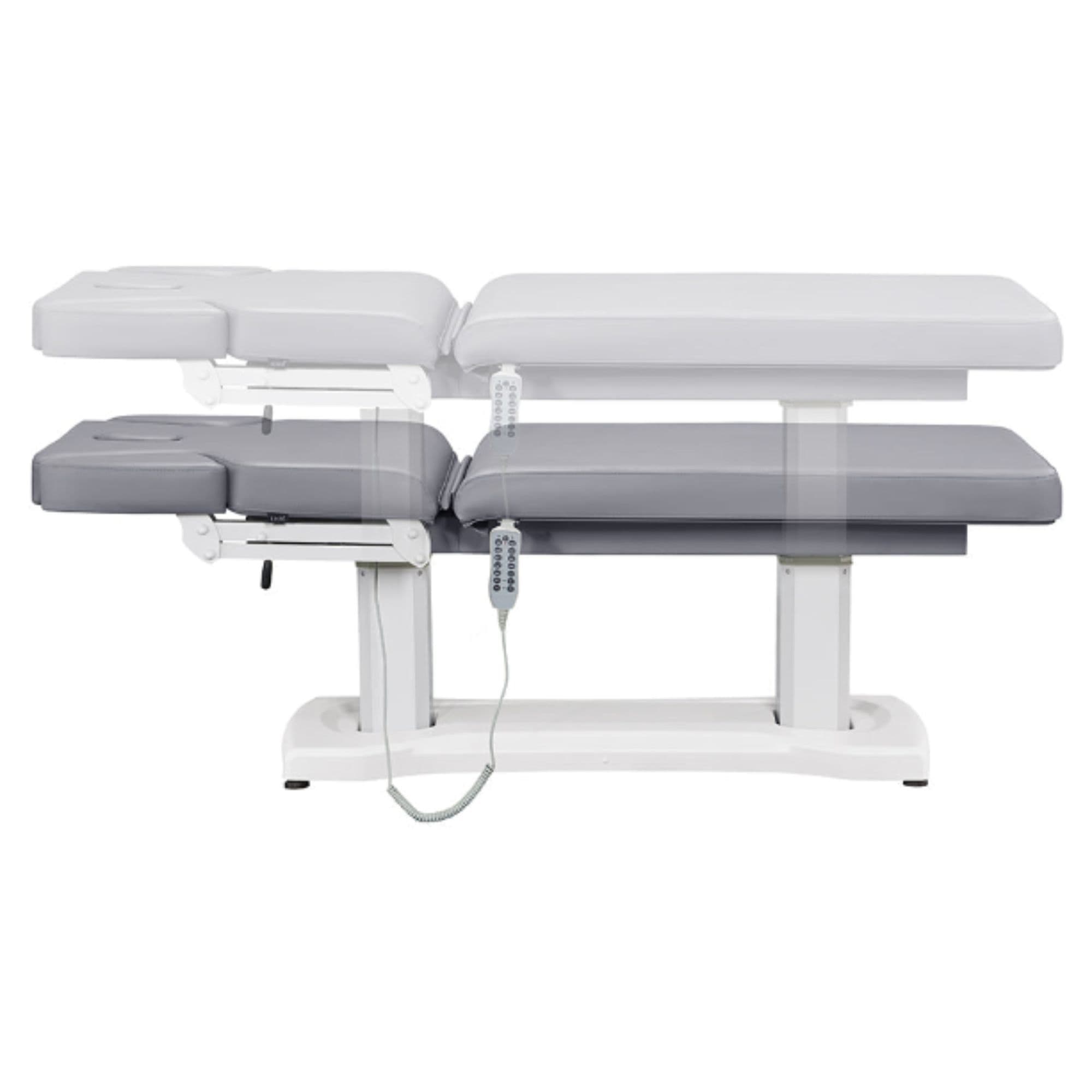 DIR Tranquility 4-Motors Electric Medical Spa Treatment Table Side View And Fully Reclined Of Gray Variant Showing An Up And Down Adjustment With Remote Control On White Background
