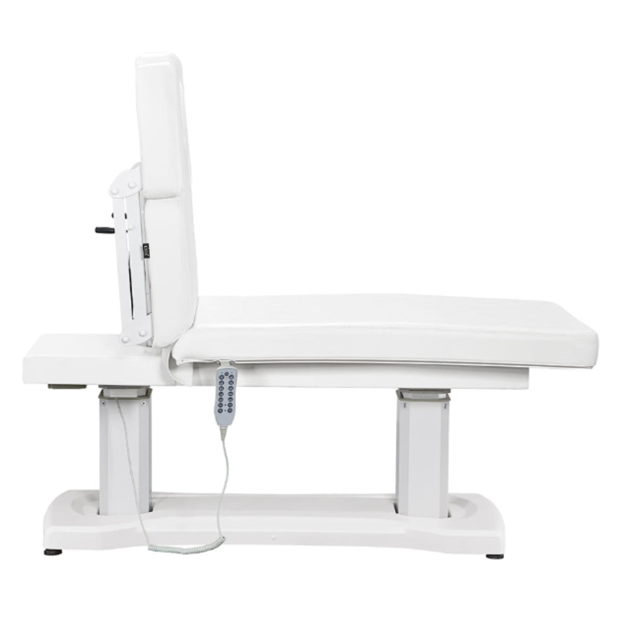 DIR Tranquility 4-Motors Electric Medical Spa Treatment Table Side View Of White Variant And Fully Reclined On Head Section With Remote Control On White Background