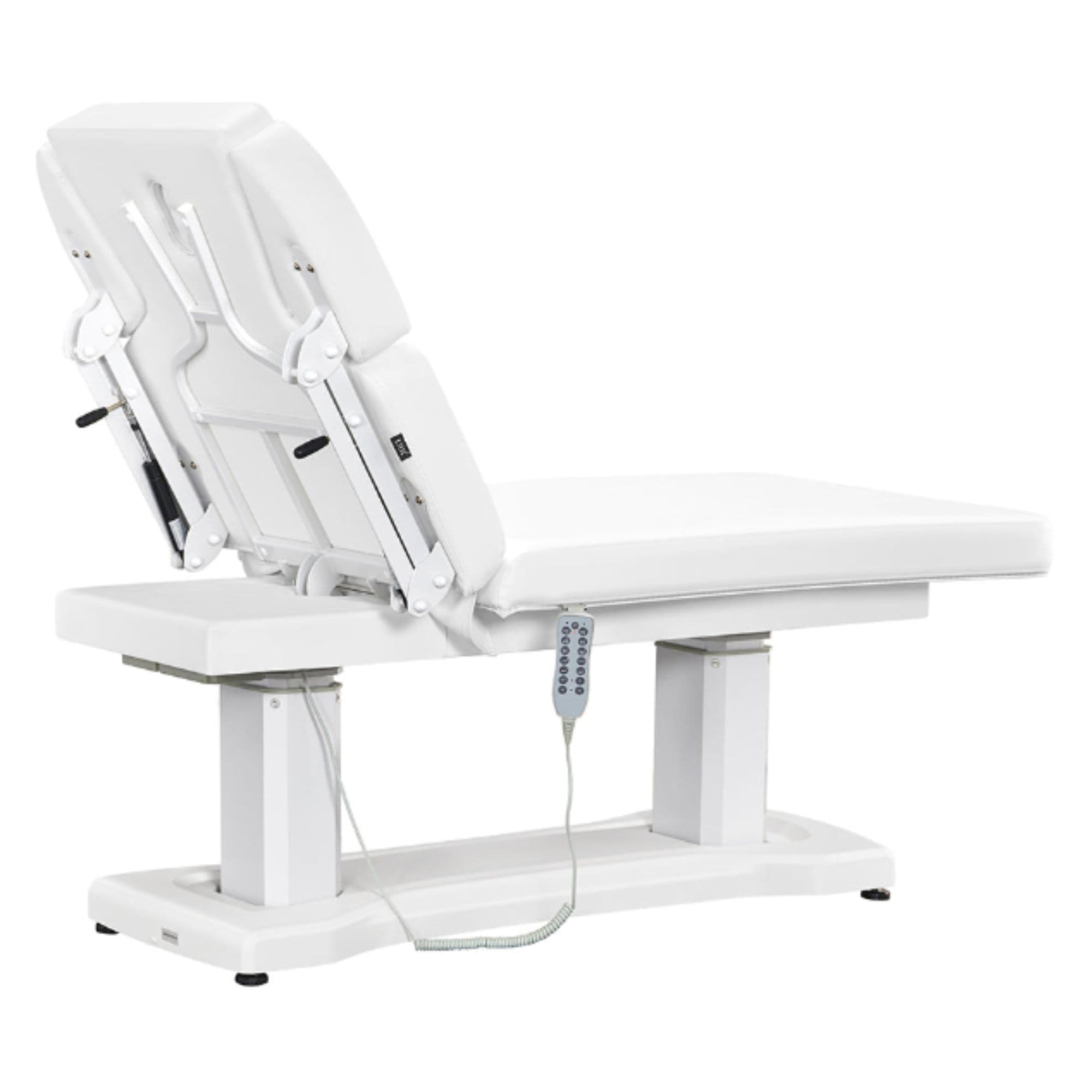 DIR Tranquility 4-Motors Electric Medical Spa Treatment Table View Of White Variant And Fully Reclined On Head Section With Remote Control On White Background