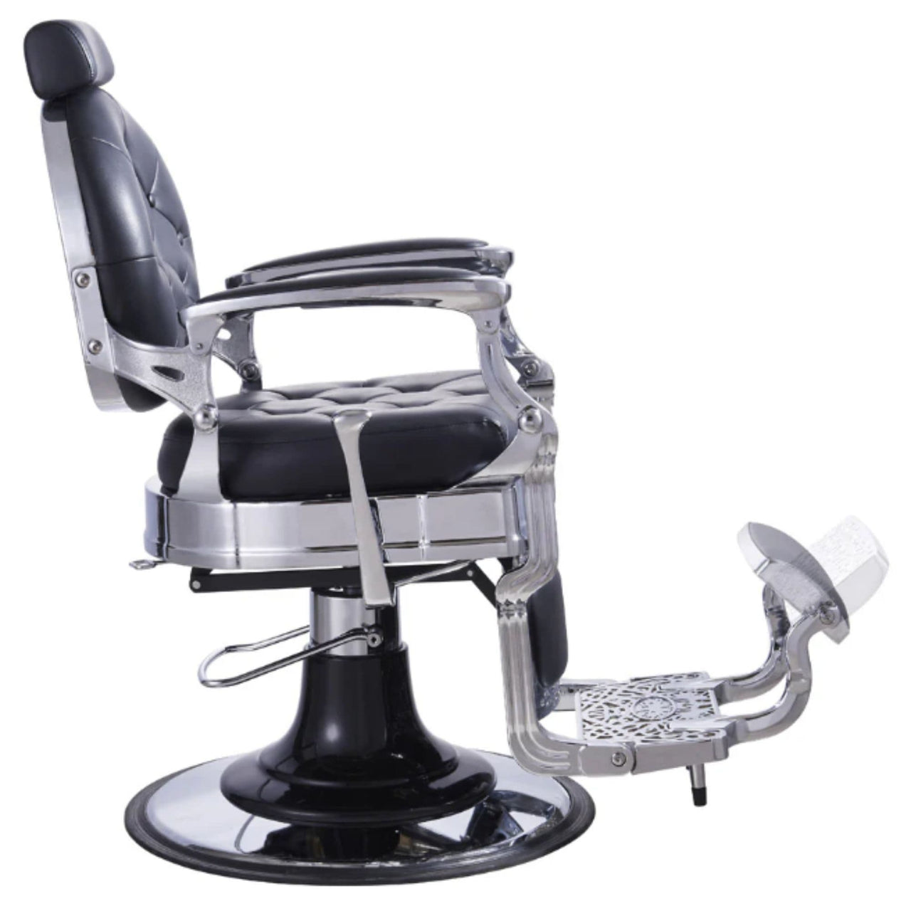 DIR Vanquish Barber Chair Black Variant Side View Demonstrating The Swing Range Of Foot Rest Extension On White Background