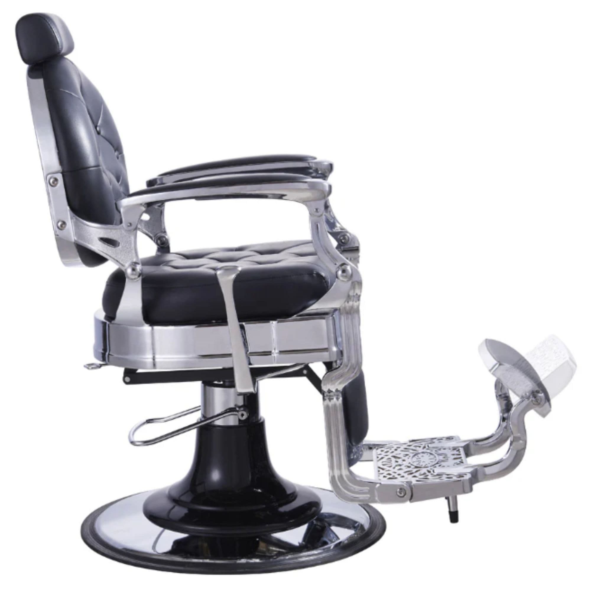 DIR Vanquish Barber Chair Black Variant Side View Demonstrating The Swing Range Of Foot Rest Extension On White Background
