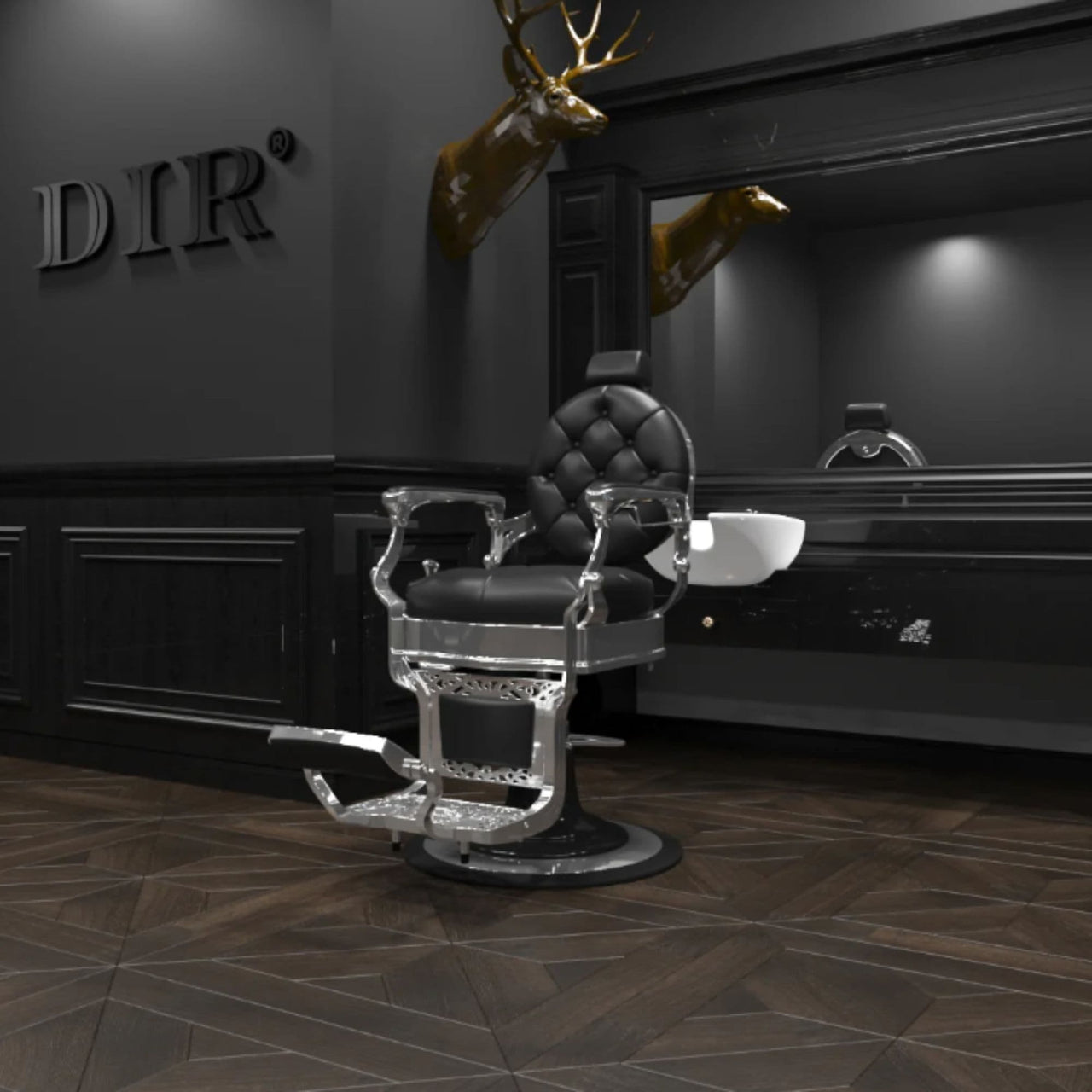 DIR Vanquish Professional Barbershop Chair Black Variant Front Angled View With Mirror A Brand Name And A Deer Head Sculpture In The Background