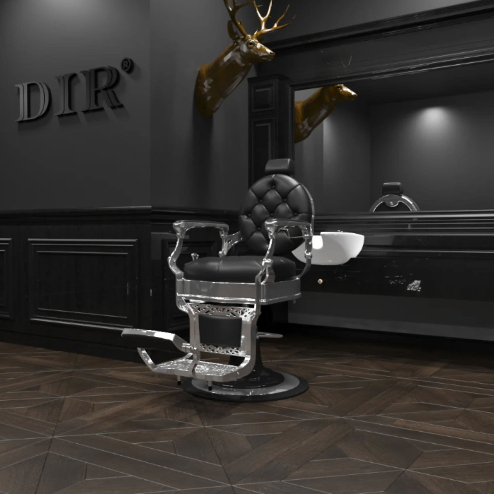 DIR Vanquish Professional Barbershop Chair Black Variant Front Angled View With Mirror A Brand Name And A Deer Head Sculpture In The Background