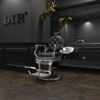 Thumbnail for DIR Vanquish Professional Barbershop Chair Black Variant Front Angled View With Mirror A Brand Name And A Deer Head Sculpture In The Background
