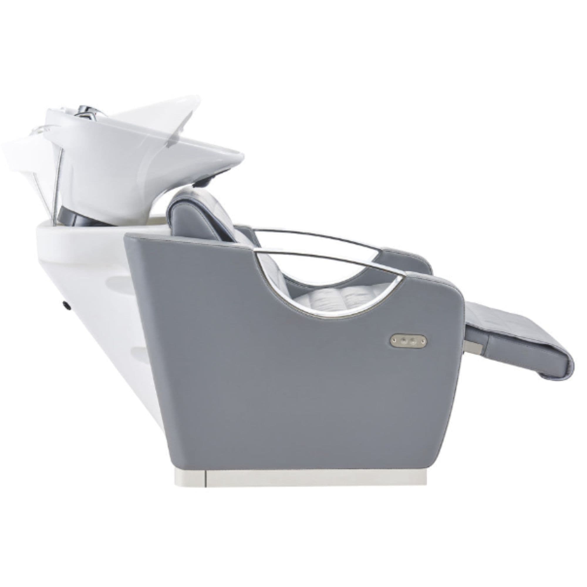 DIR Victoria Electric Salon Shampoo Station Gray Side View WIth White Sink And Leg Rest Extended