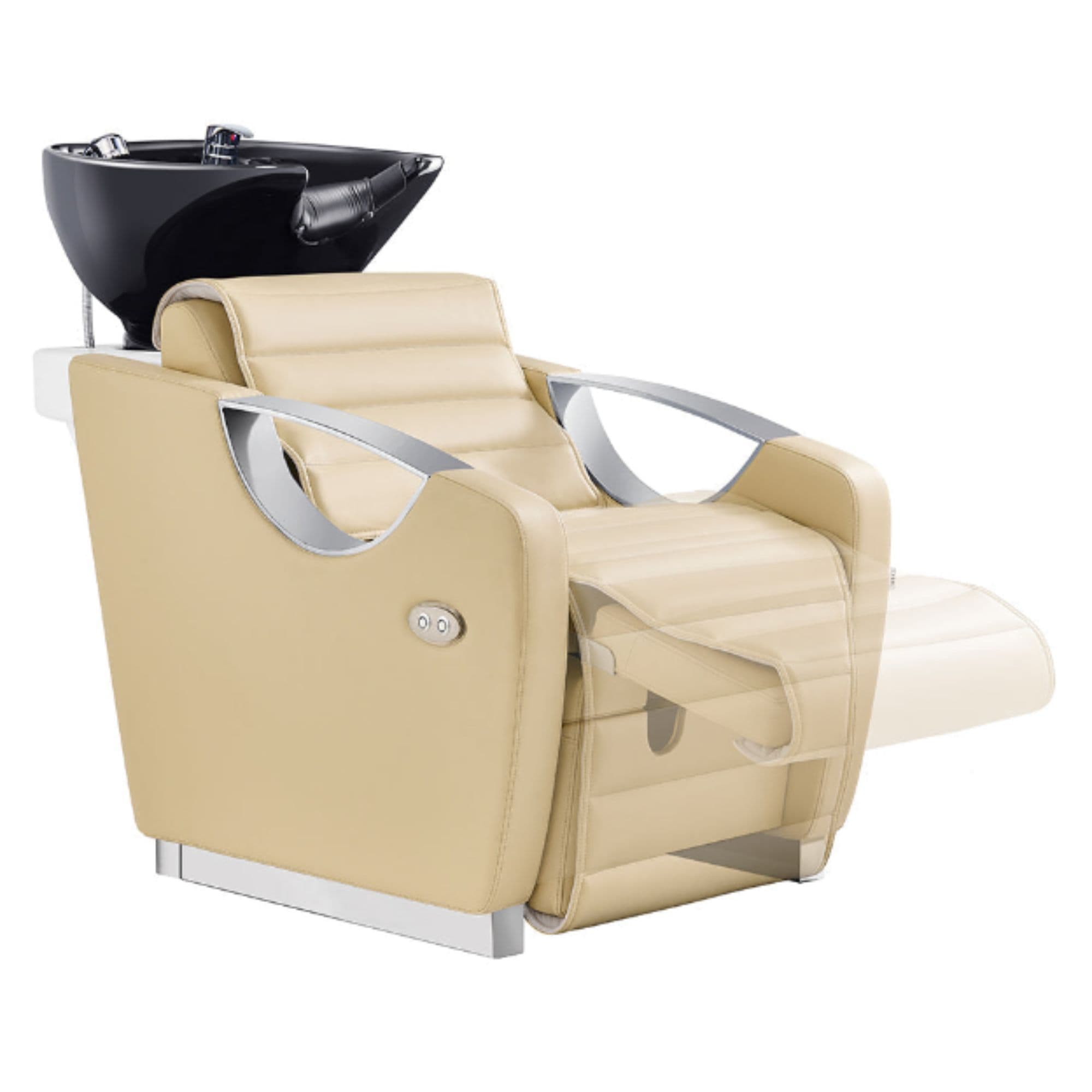 DIR Victoria Electric Shampoo Backwash Unit Beige Front Angled View With Black Single Sink And Extended Leg Rest Demo On White Background