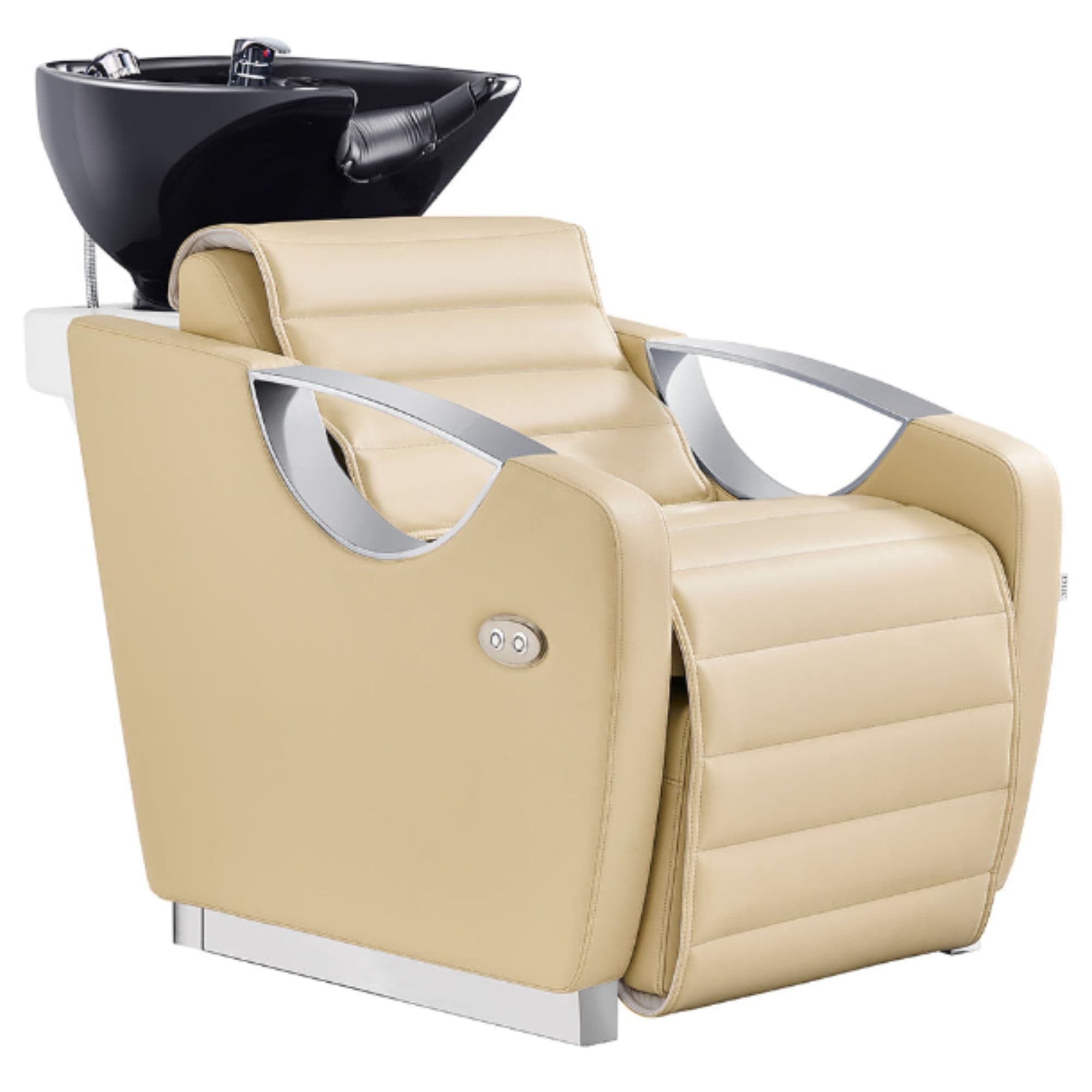 DIR Victoria Electric Shampoo Backwash Unit Beige Front Angled View With Black Single Sink On White Background