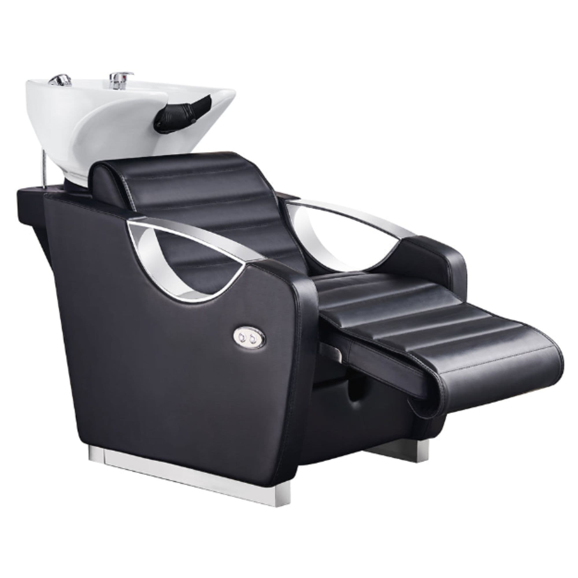 DIR Victoria Electric Shampoo Backwash Unit Black Front Angled View Of White Single Shampoo Wash Station With Extended Leg Rest