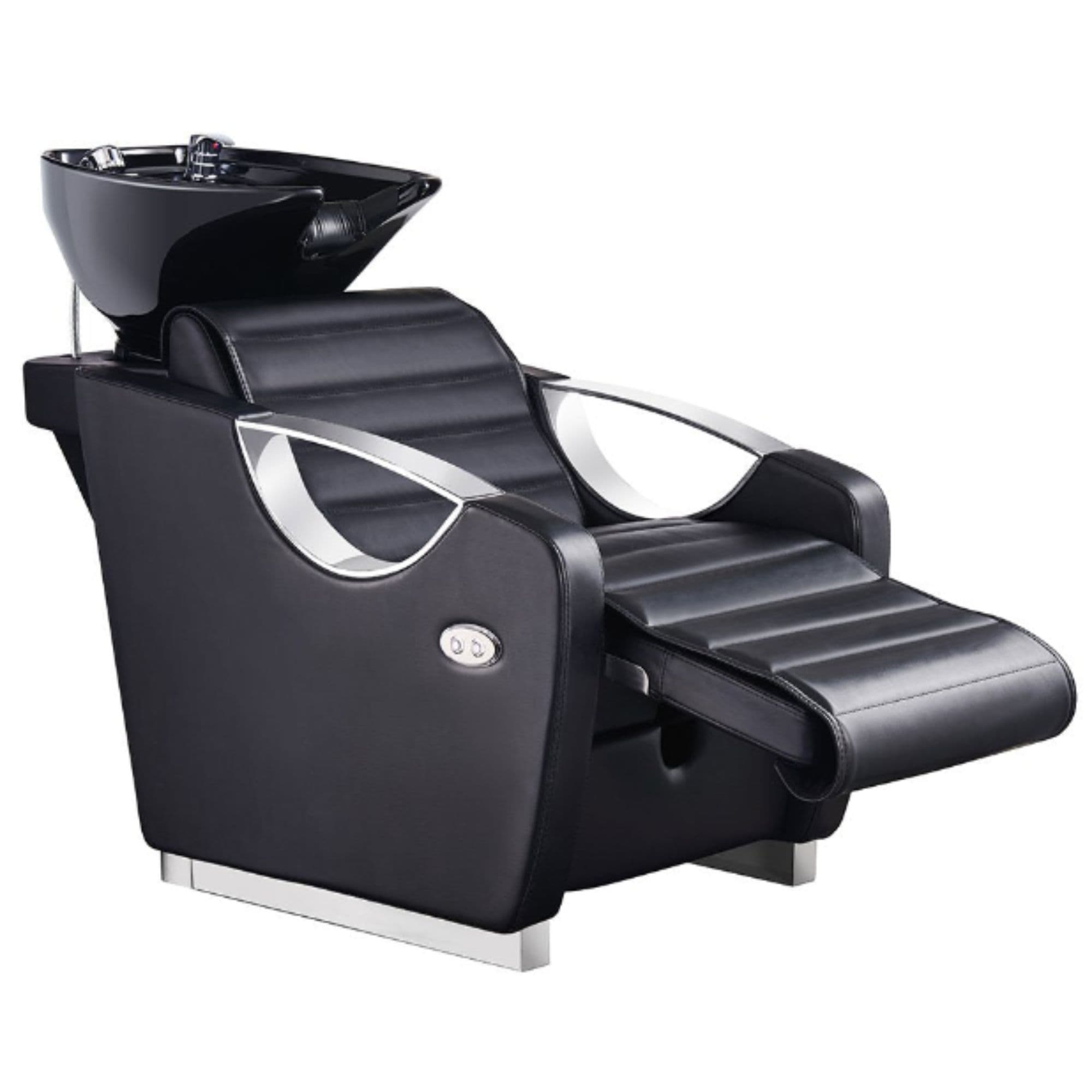 DIR Victoria Electric Shampoo Backwash Unit Black Front Angled View With Black Single Sink And Extended Leg Rest On White Background