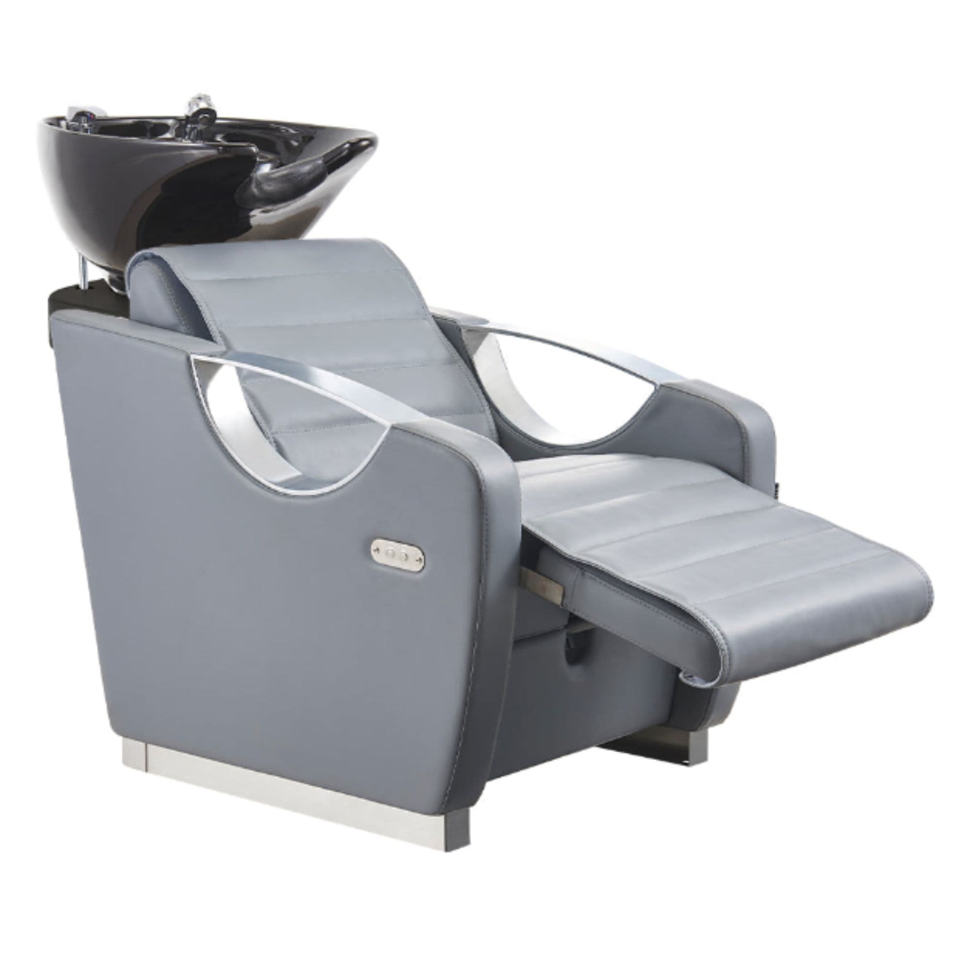 DIR Victoria Electric Shampoo Backwash Unit Gray Front Angled View Of Black Single Shampoo Wash Station With Extended Leg Rest