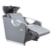DIR Victoria Electric Shampoo Backwash Unit Gray Front Angled View Of Black Single Shampoo Wash Station With Extended Leg Rest