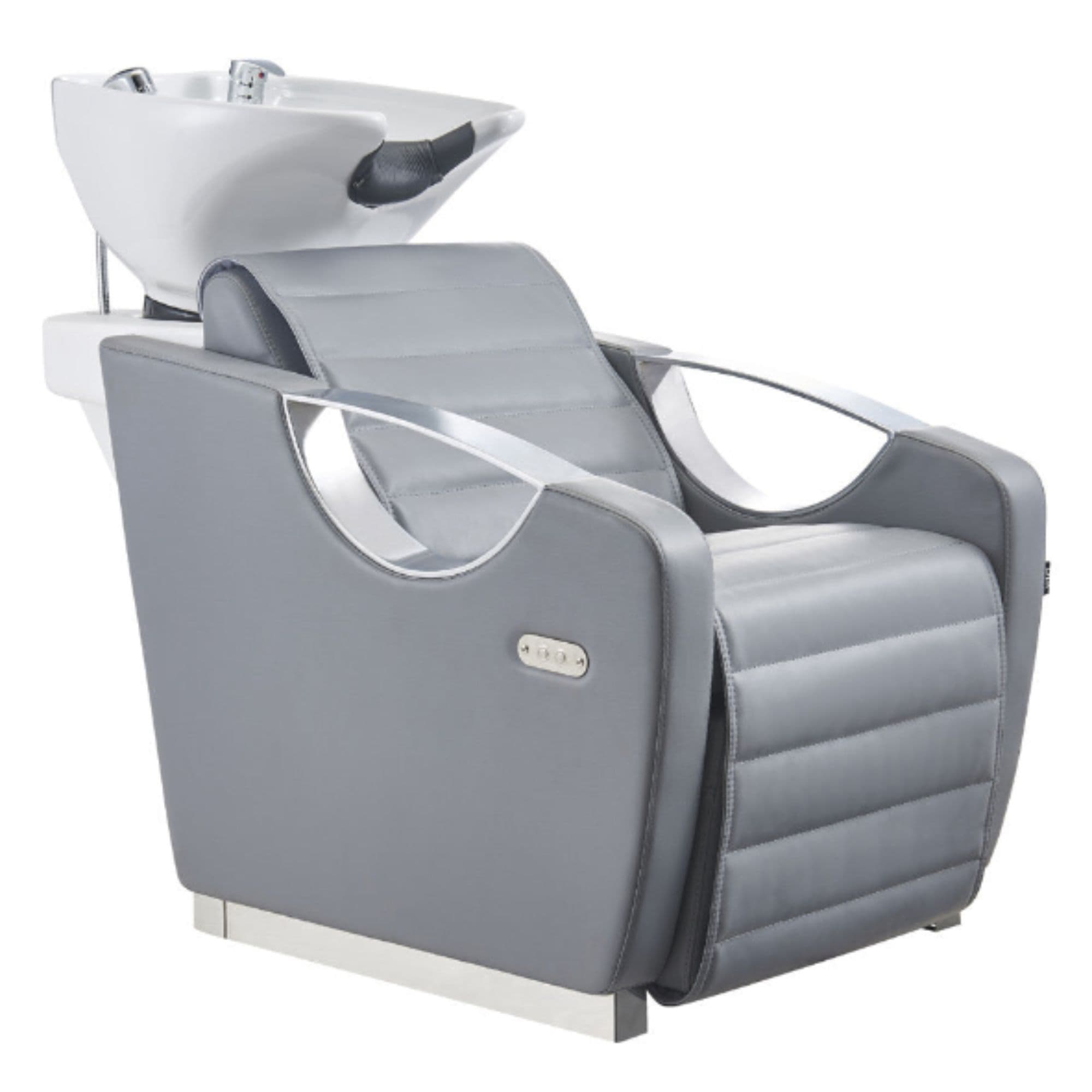 DIR Victoria Electric Shampoo Backwash Unit Gray Front Angled View Of White Single Shampoo Wash Station