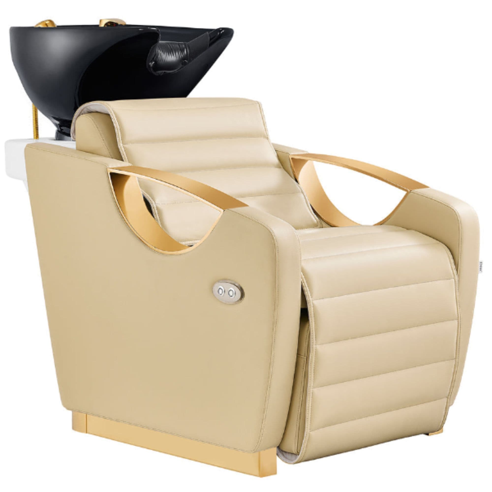 DIR Victoria Gold Electric Shampoo Chair Beige Front Angled View Of Black Single Shampoo Wash Station