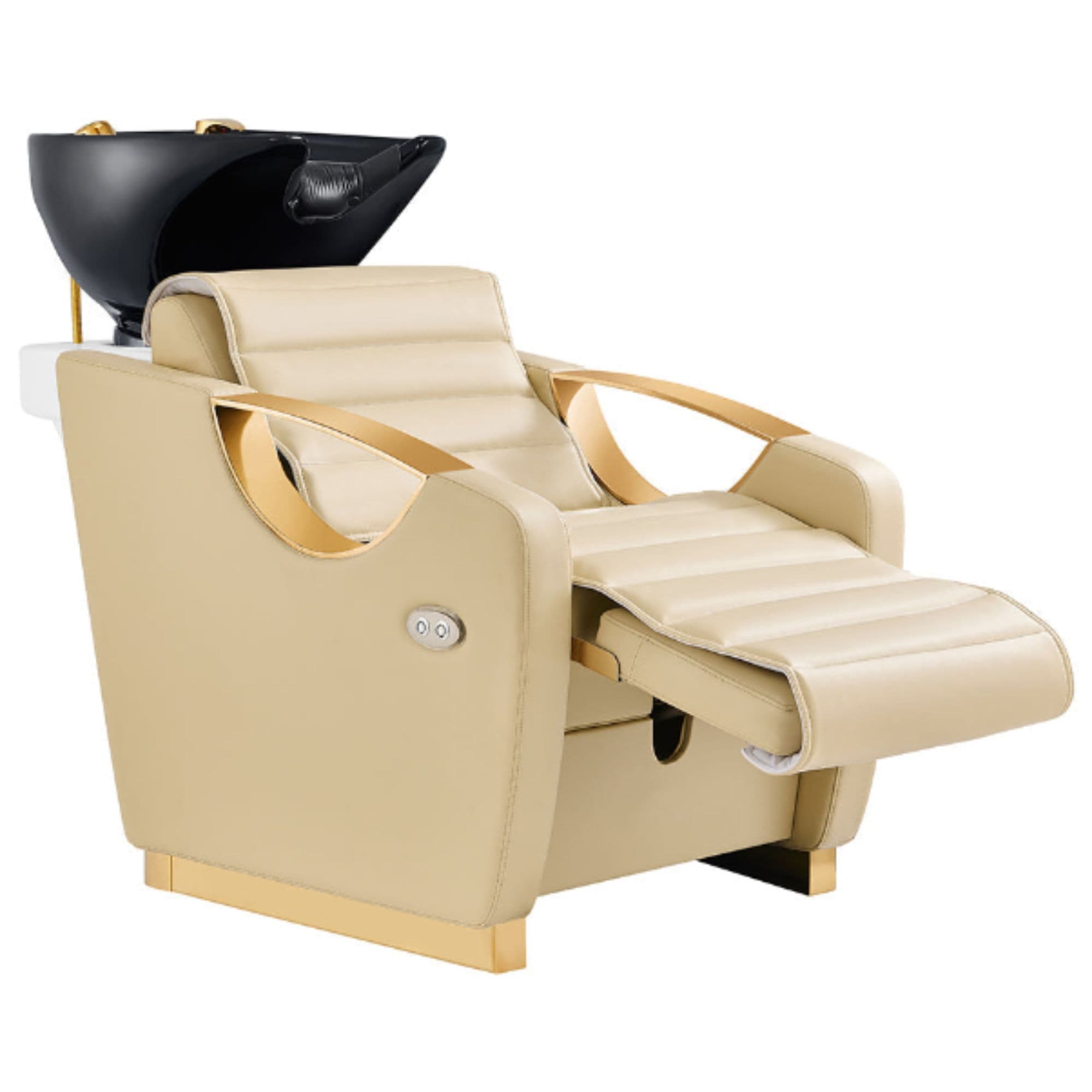 DIR Victoria Gold Electric Shampoo Chair Beige Front Angled View Of Black Single Shampoo Wash Station With Extended Leg Rest