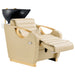 DIR Victoria Gold Electric Shampoo Chair Beige Front Angled View Of Black Single Shampoo Wash Station With Extended Leg Rest