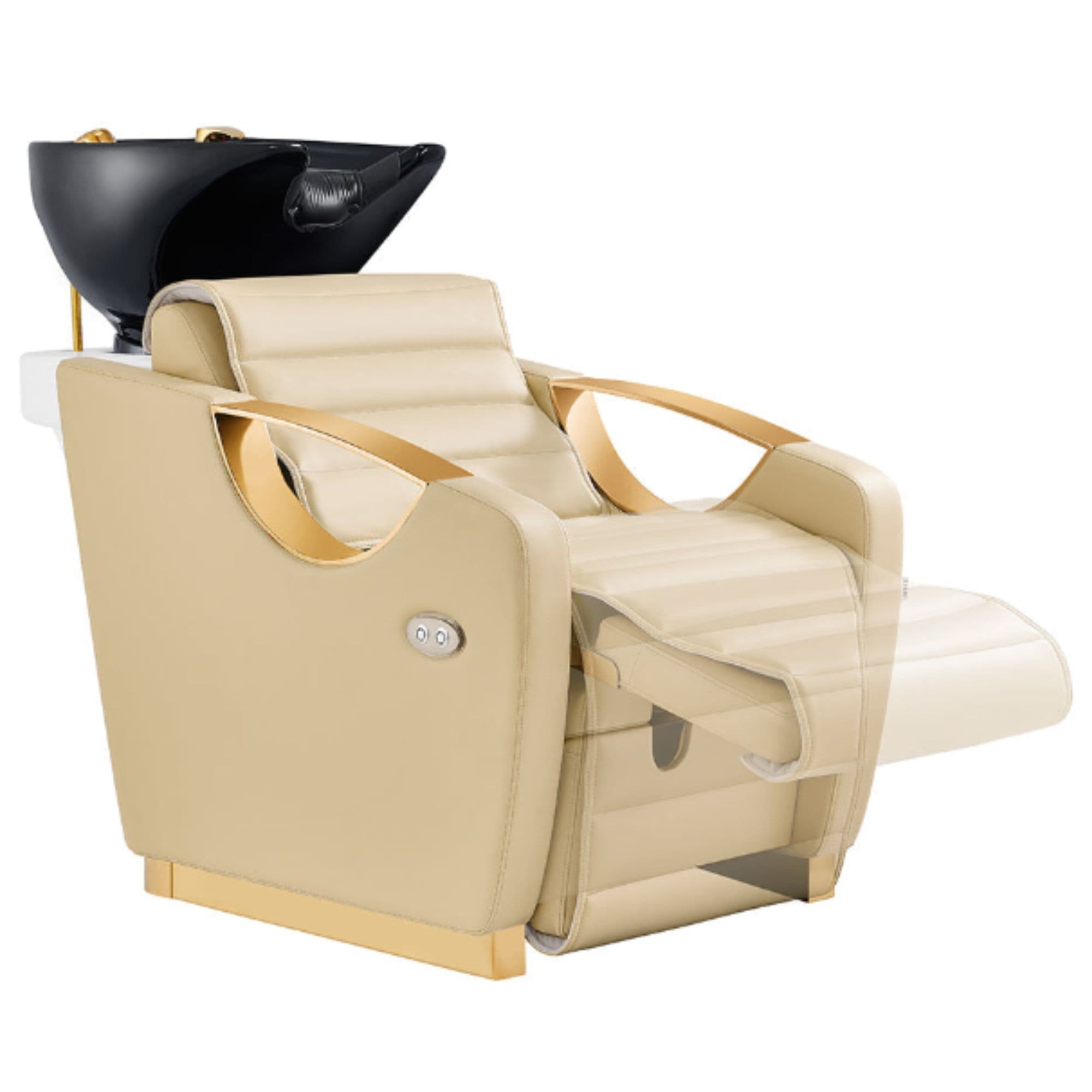 DIR Victoria Gold Electric Shampoo Chair Beige Front Angled View Of Black Single Shampoo Wash Station With Extended Leg Rest Demo