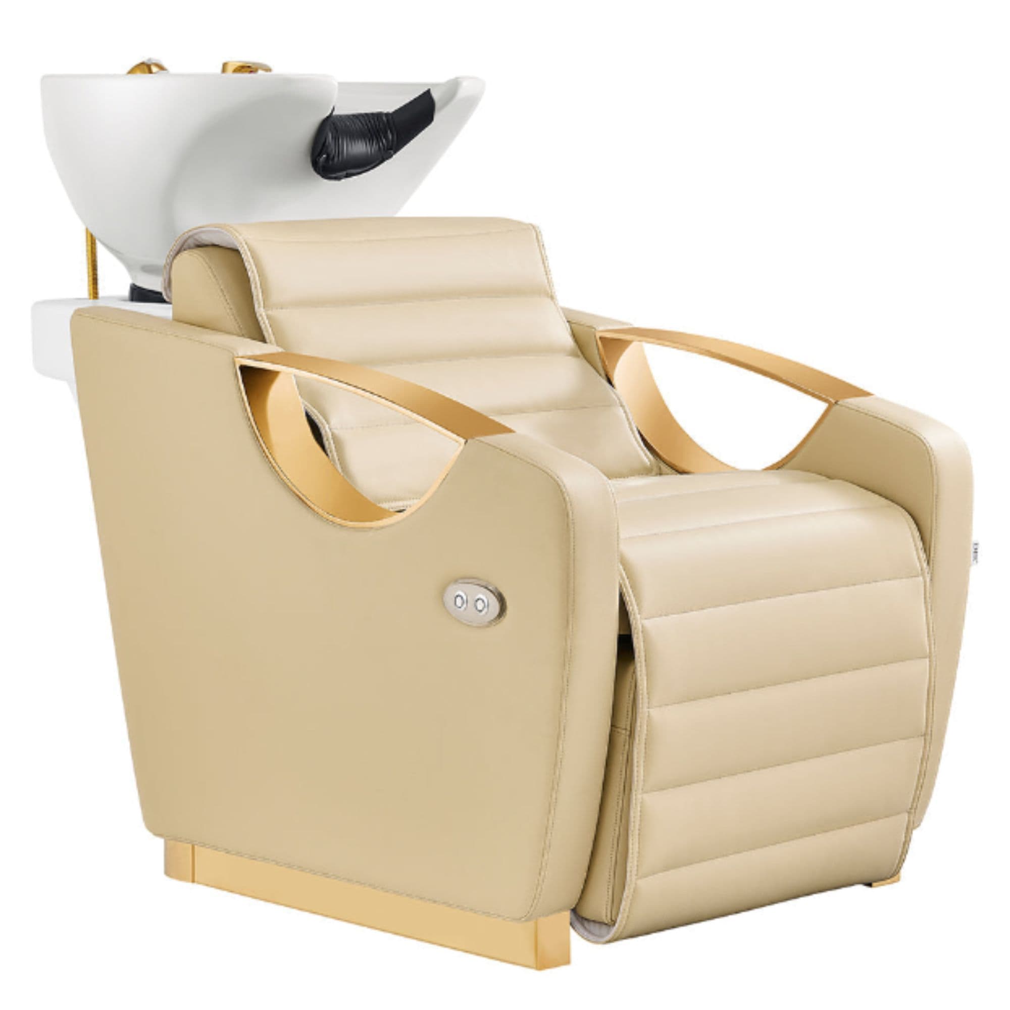 DIR Victoria Gold Electric Shampoo Chair Beige Front Angled View Of White Single Shampoo Wash Station On Clean White
