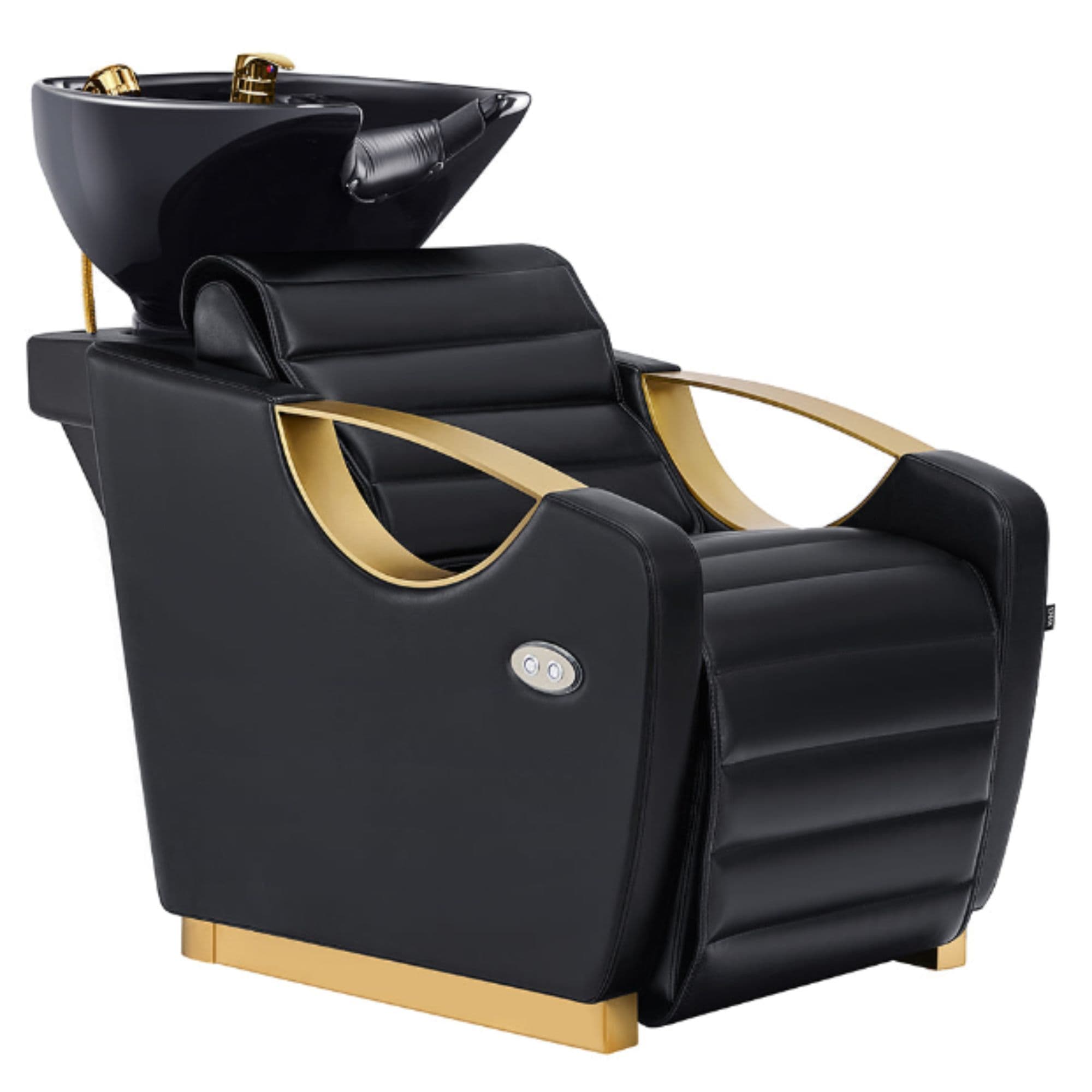 DIR Victoria Gold Electric Shampoo Chair Black Front Angled View Of Black Single Shampoo Wash Station With Clean White Background