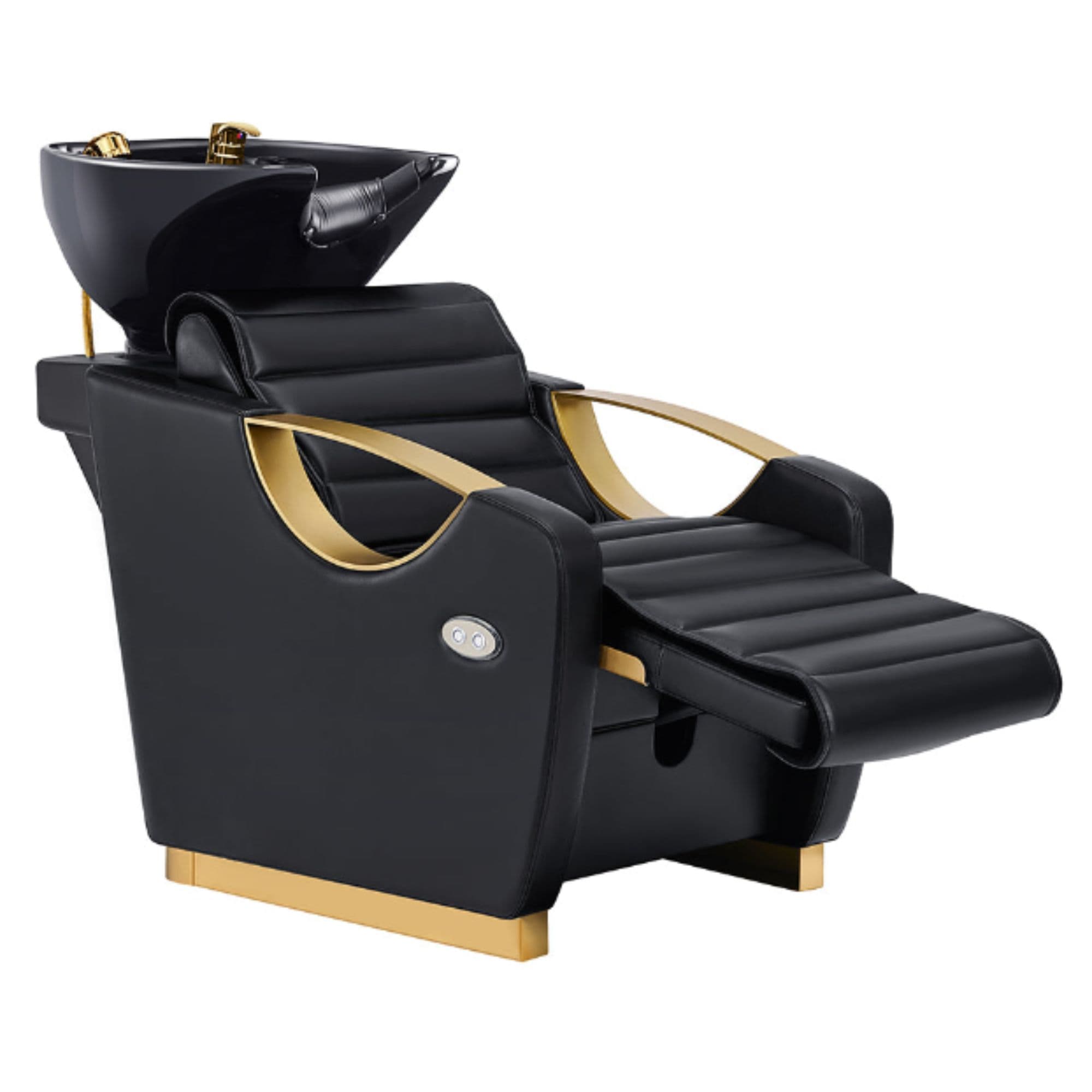 DIR Victoria Gold Electric Shampoo Chair Black Front Angled View Of Black Single Shampoo Wash Station With Extended Leg Rest