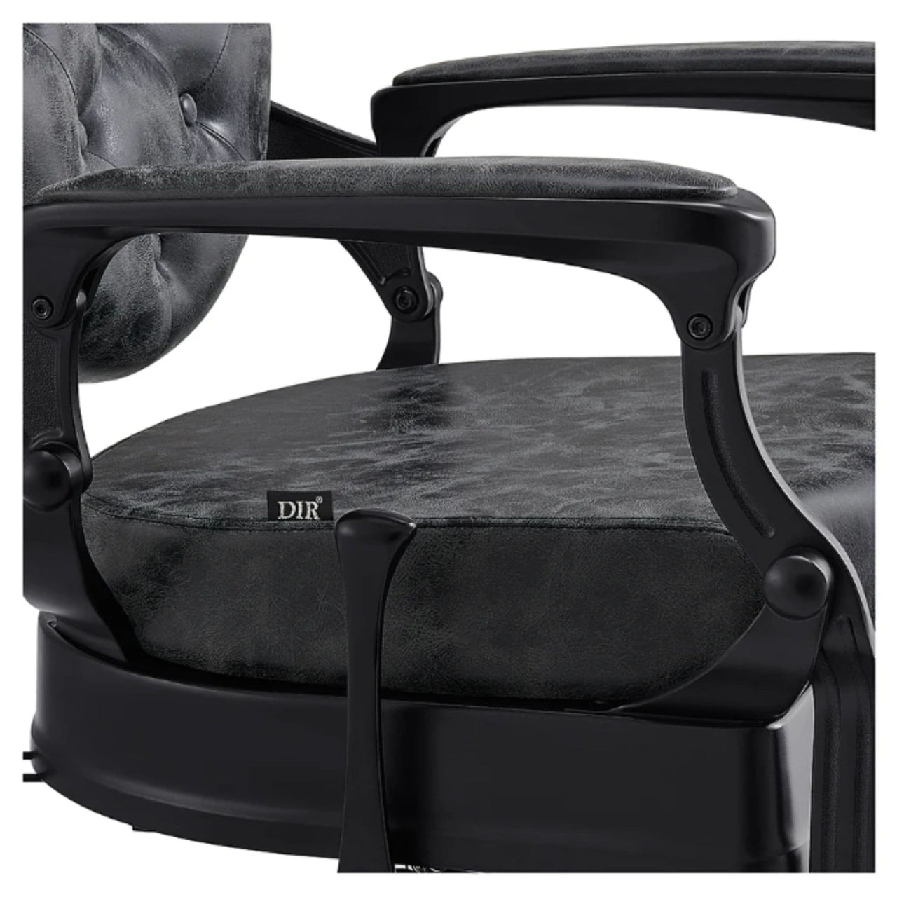 DIR Viking Classic Barber Chair Close-Up View Of Decorative Armrest Support And Vintage Black Upholstered Seat